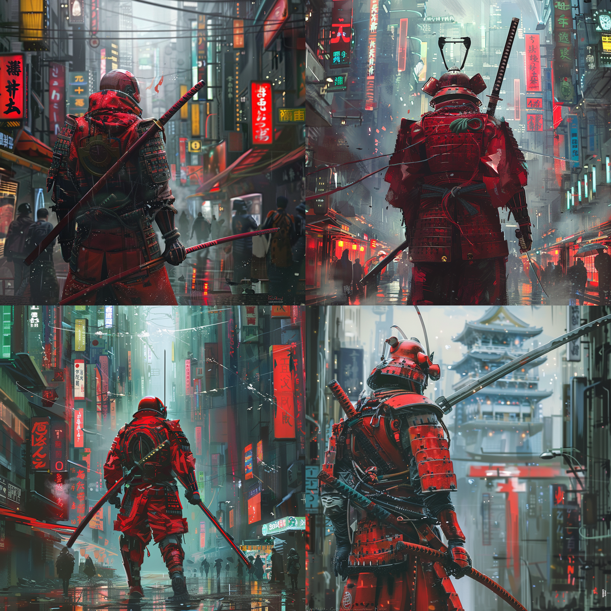 一个武士穿着华丽的红色日本武士铠甲，肩上扛着一把长长的大太刀，在未来赛博朋克风格的城市里走着。