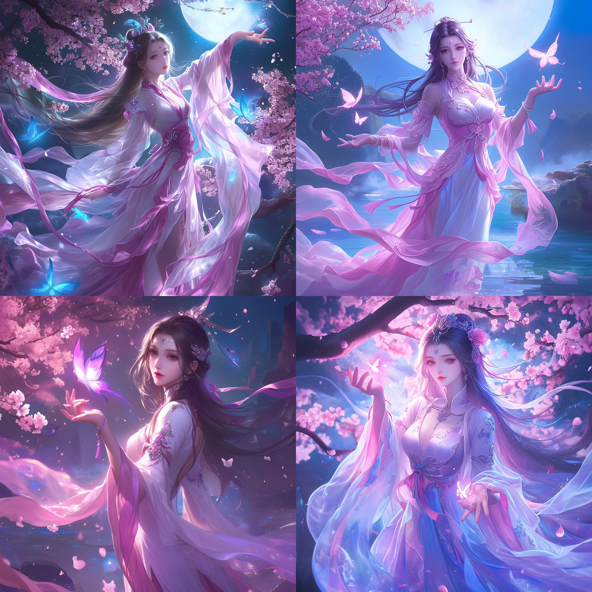 粉色蝴蝶结女神，月光下的美丽，冷色调，逼真描绘，飘逸长发，夜晚，刀锋闪光，肌肉线条，古风发型设计，公主剪裁，大眼睛，长睫毛，逼真细节，闪闪发光，樱花，长头发，旗袍，中国结, 高清晰度, 柔和光线, 色彩丰富, 细腻纹理, 油画风格, 如梦如幻，戚风冷冷