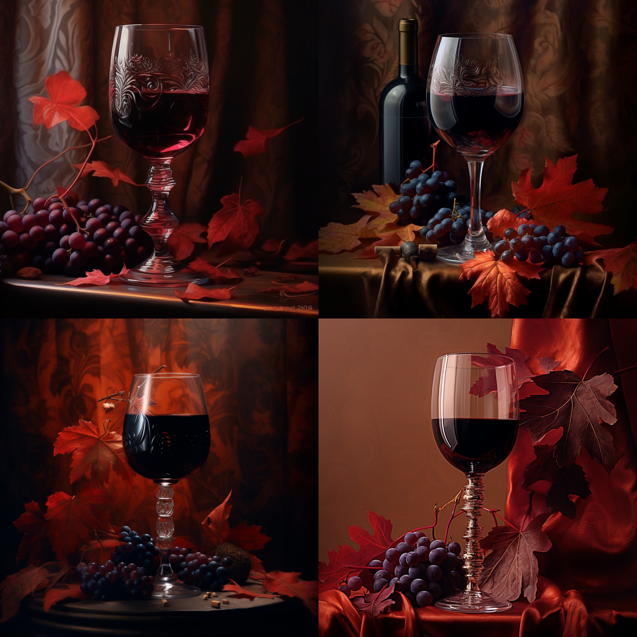 红酒倒入高脚杯，火红树叶飘落，暗色调，柔和光，32k，超逼真细节，艺术感风格，长焦镜头，暗黑，静态。