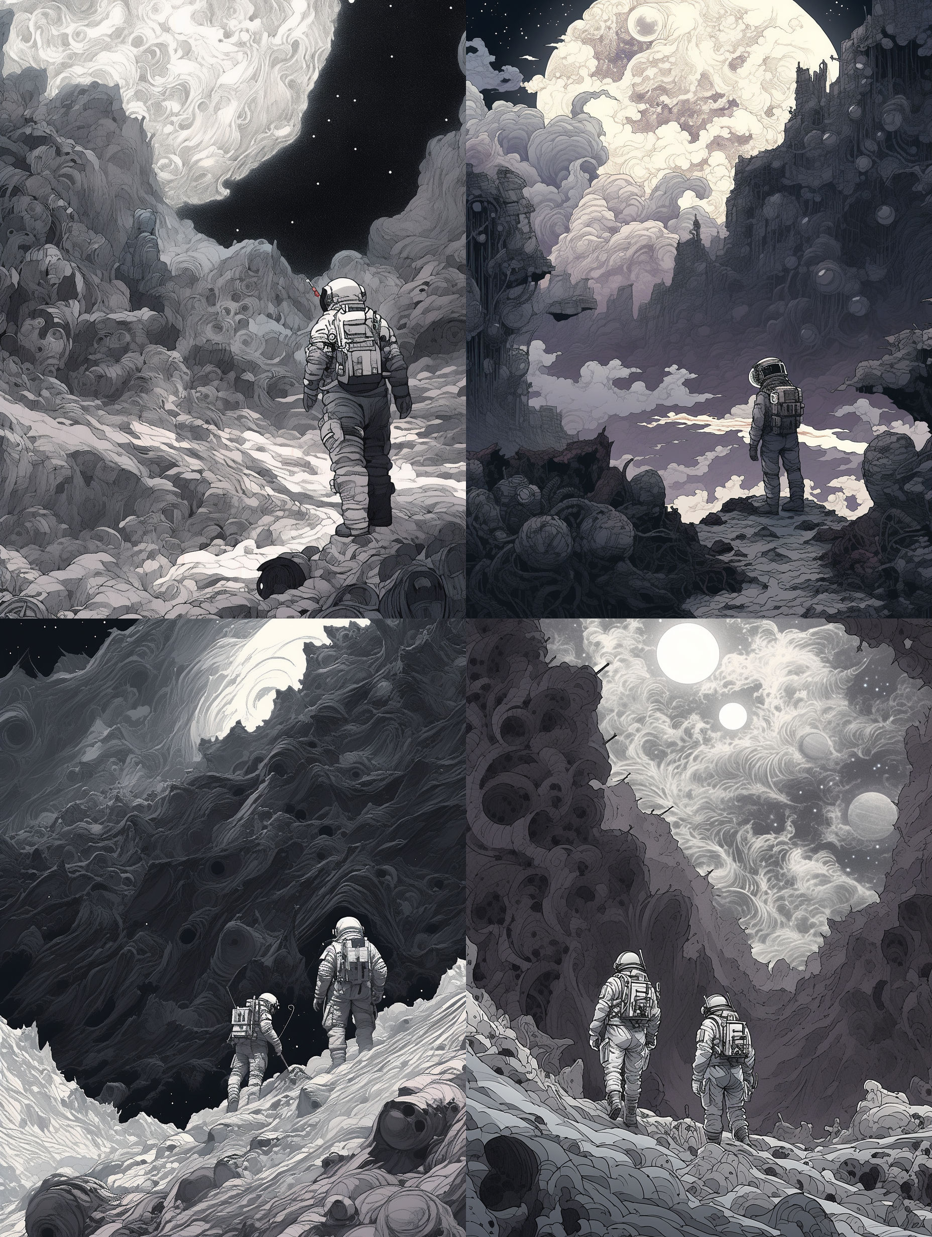 月球表面，宽广景观，陡峭山脉，宇宙黑，细节纹理，静态，灰色调，远景，宇航服人物，探索，孤独。