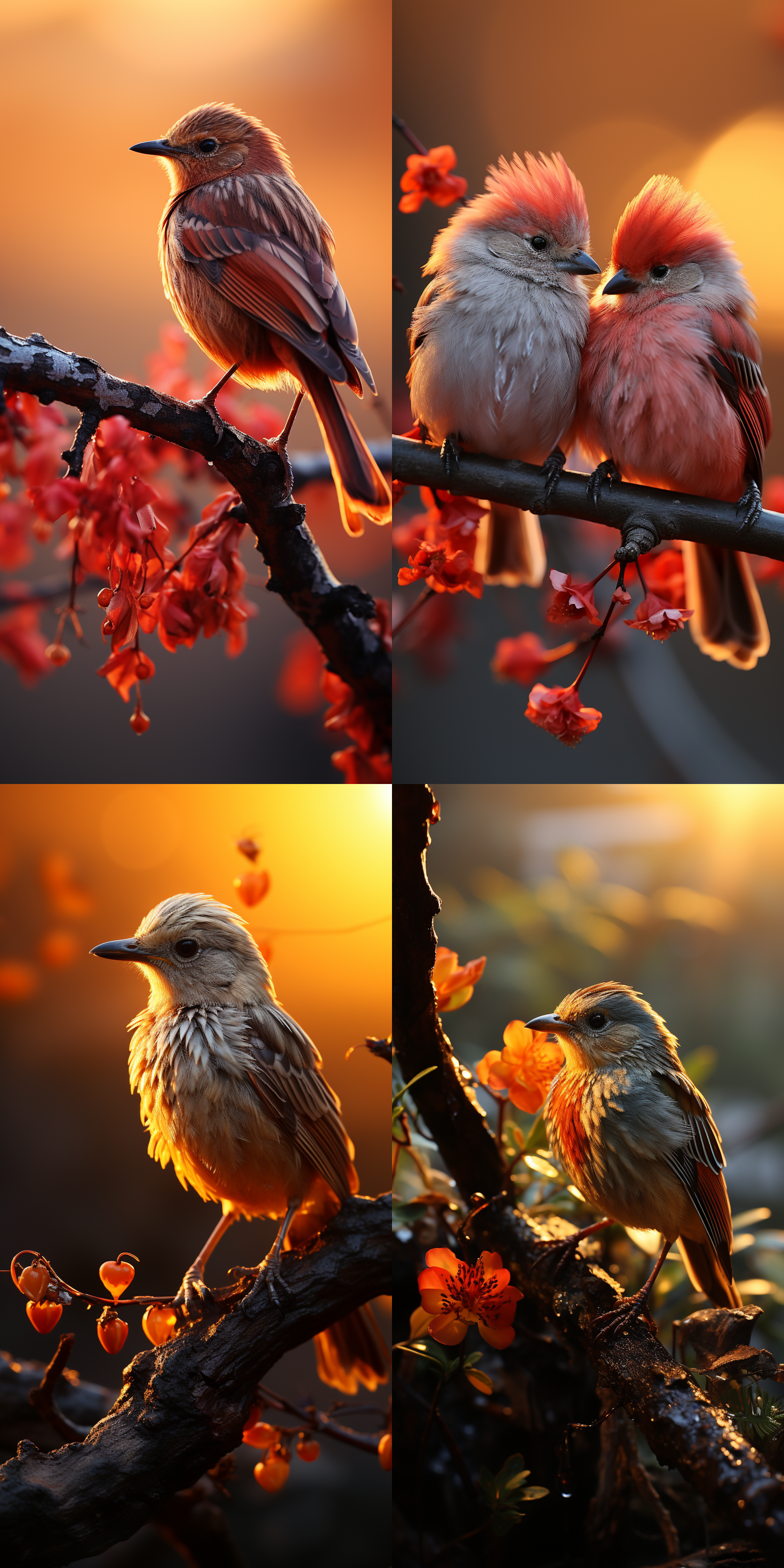 小鸟鸣叫，清晨，树上，超高清，简洁构图，丰富色彩，特写镜头，树叶细节，暖光，自然动作，生机。