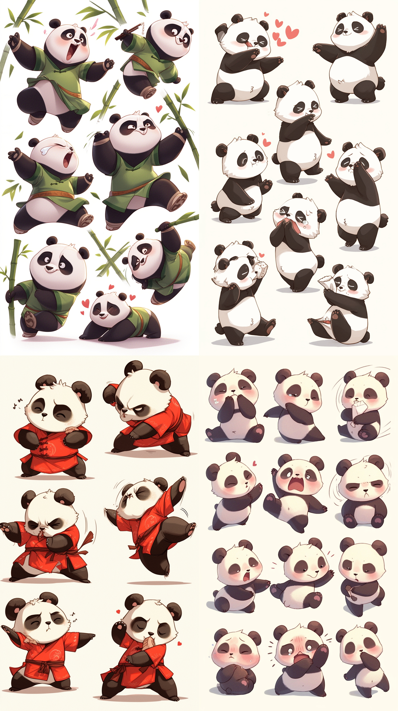 一只可爱的小熊猫，打太极，道士服装，全身图，q版，皮克斯风格，像素风，9种姿势和表情，emoticons[头晕、高兴、生气、哭泣、悲伤、可爱、期待、大笑、失望和害羞、困倦、吃饭、头晕、表达爱意，等]，脸部特写，表情特写，动作夸张，九宫格排布，整齐排列，白色背景，卡通，线条艺术，贴纸艺术设计，精致的细节，超高清，8k