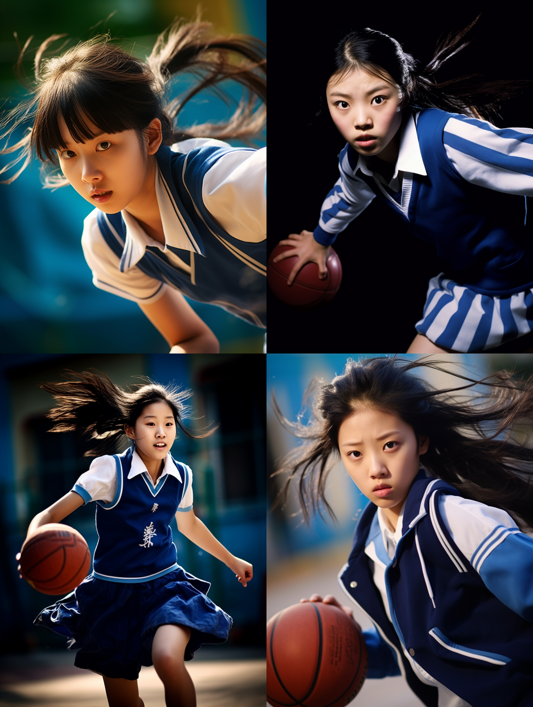中国女孩，中学生，校服，操场，高速快门，投篮动作，蓝白色调，激情洋溢。 portrait of a chinese schoolgirl in uniform, mid-action shooting a basketball on the school playground. high-speed shutter, blue and white color palette, full of passion.