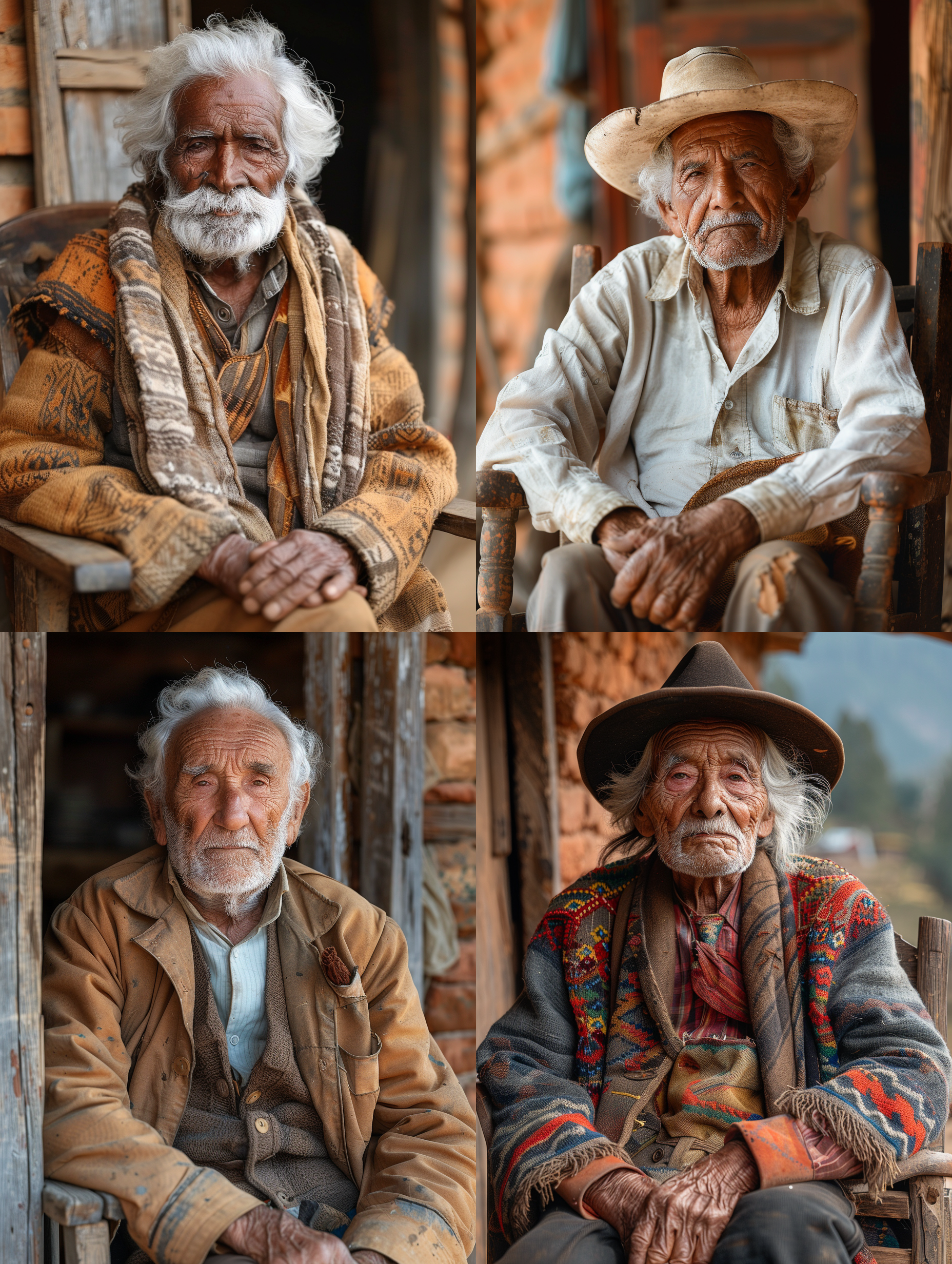 乡村老农，木头坐椅，泥瓦房背景，旱烟袋，朴实服装，慈祥面容，中心构图，暖色调，环境肖像，人文摄影，自然光，传统生活，平静安详。