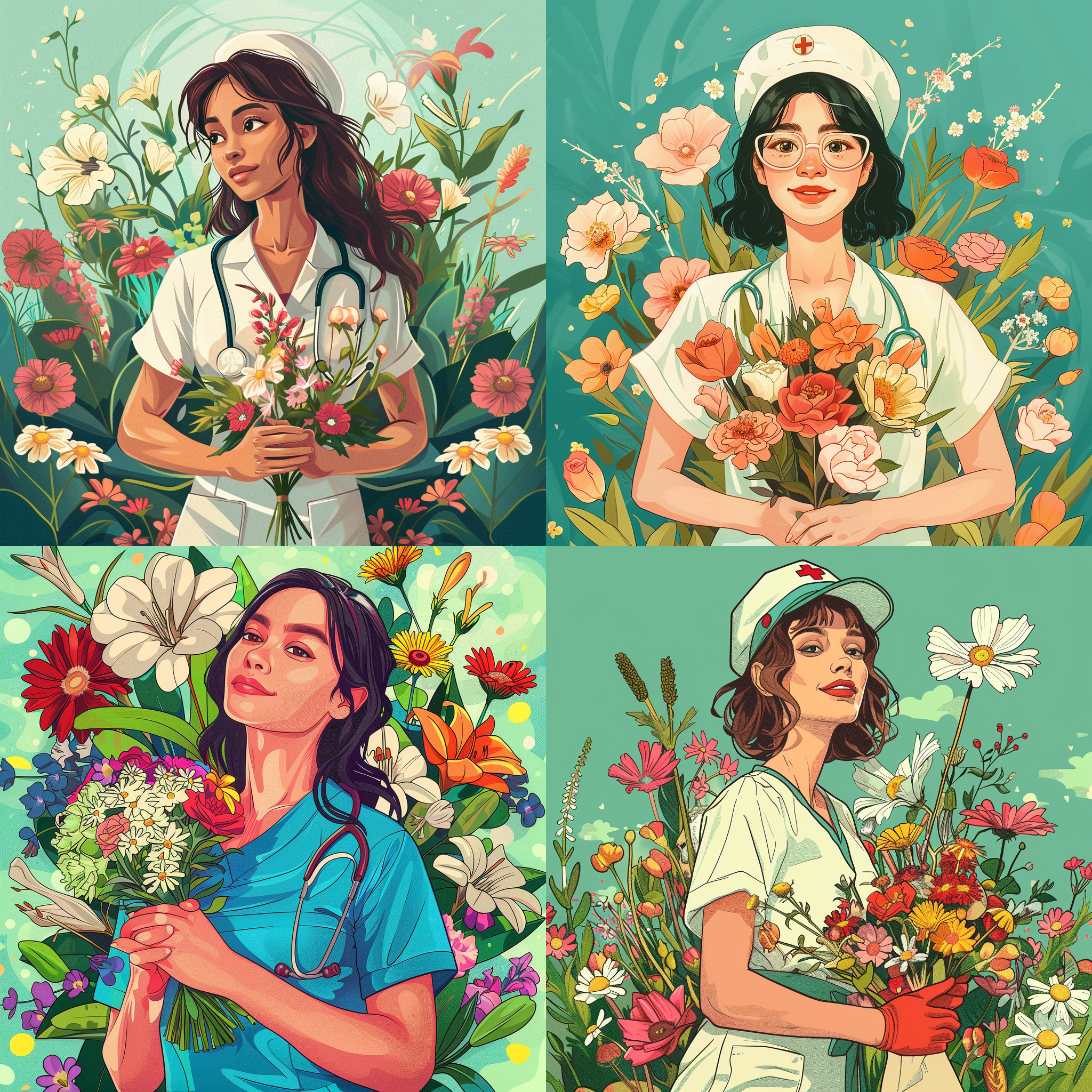 一位女护士手持鲜花, 鲜花环绕, 漫画速写风格, 干净的绿色背景, wedcam, 明亮的颜色, 海岸风景, 捕捉瞬间, 5.12护士节海报, 柔软的浮夸, 无与伦比的美丽, 层次分明的视觉, 梦幻般的视觉效果
