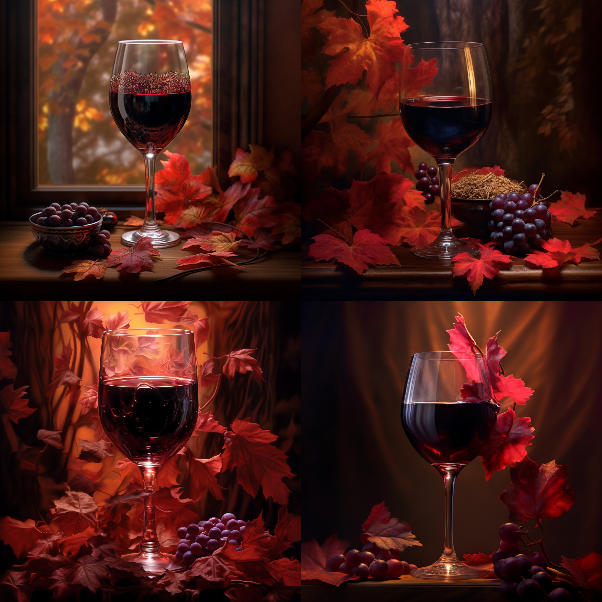 红酒倒入高脚杯，火红树叶飘落，暗色调，柔和光，32k，超逼真细节，艺术感风格，长焦镜头，暗黑，静态。