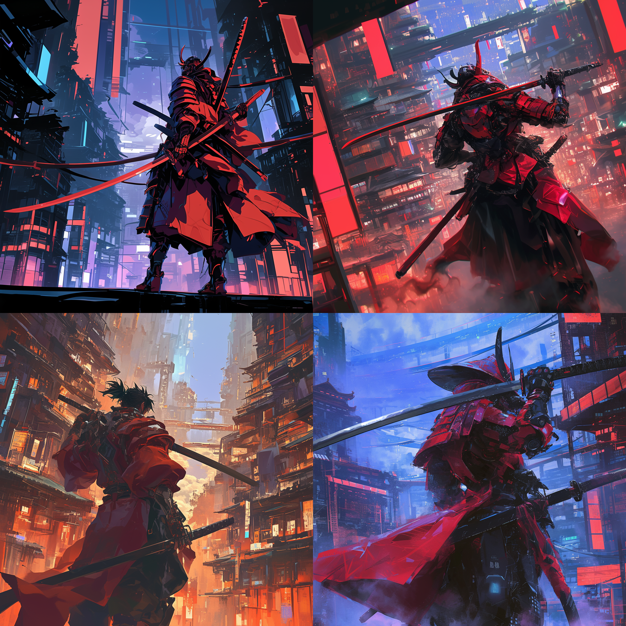 一个武士穿着华丽的红色日本武士铠甲，肩上扛着一把长长的大太刀，在未来赛博朋克风格的城市里走着。