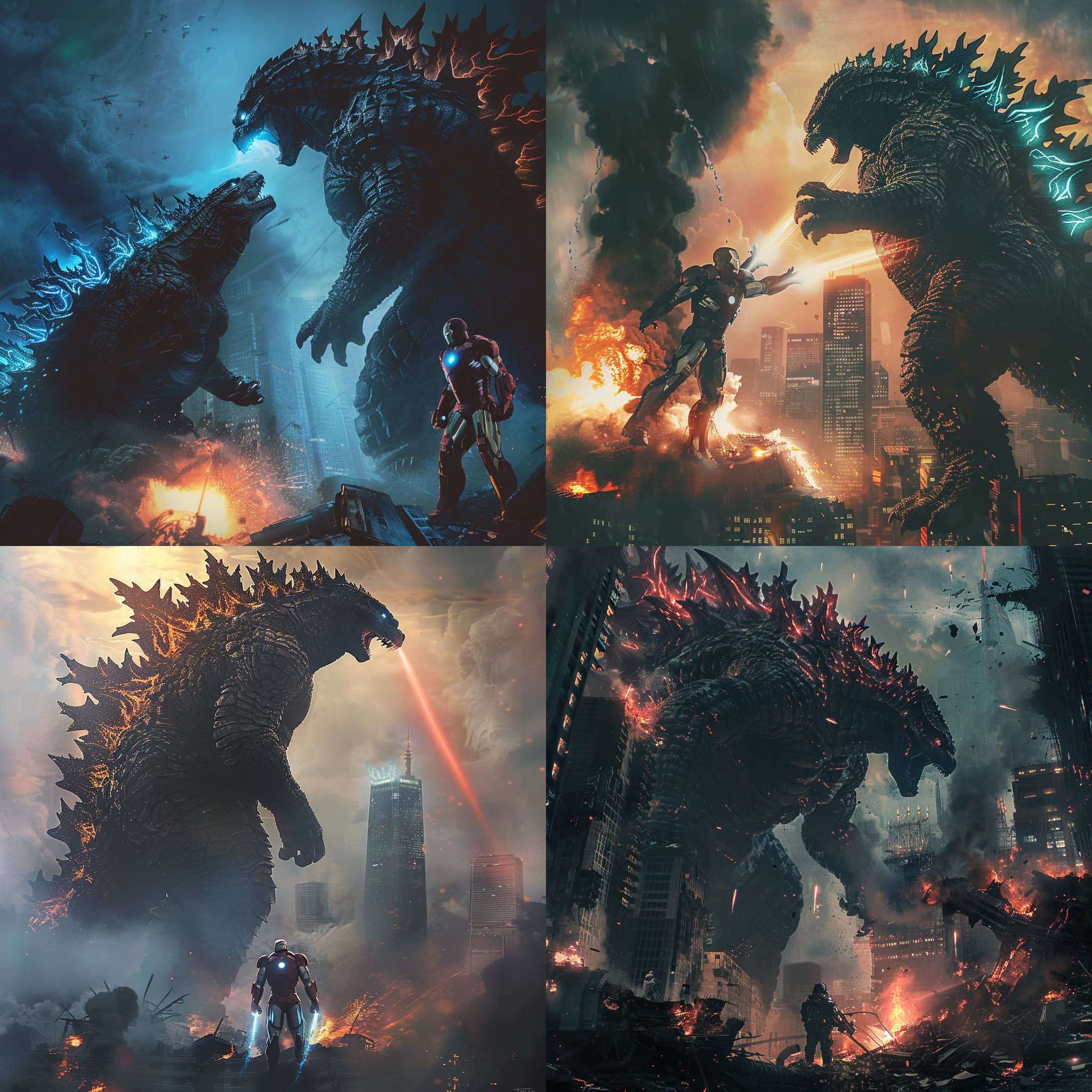哥斯拉与钢铁侠对战，城市废墟，巨大身影，机械装备，火焰与光束交织，烟雾弥漫，冷色调，特写镜头，特效处理，动作凌厉，紧张情绪。