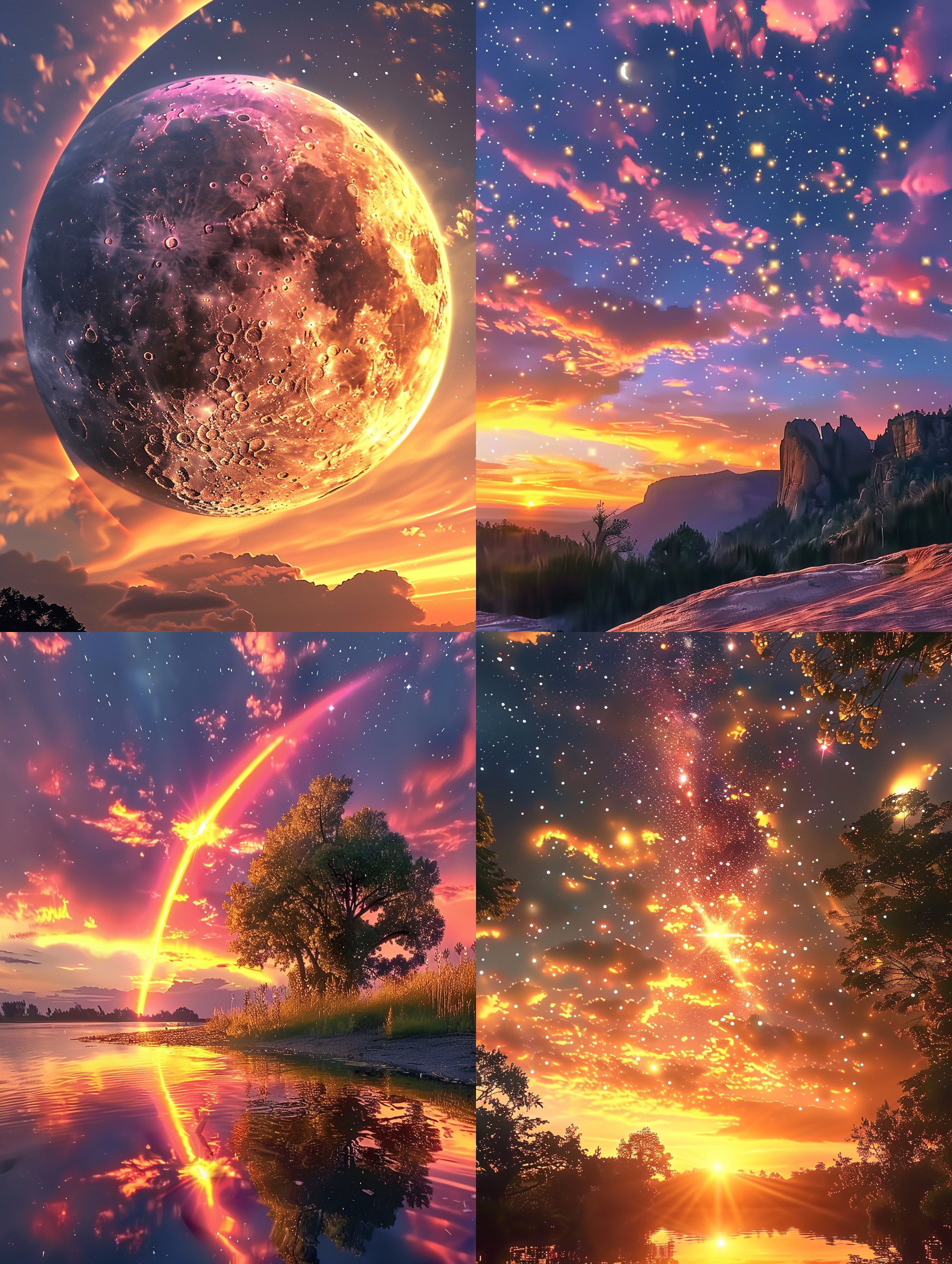 彩虹般的梦幻星空、巨大的月亮、治愈之美、光线、超级治愈、超高清、8k、全景、超广角、实景拍摄、真实、逼真、高像素、非常美、超级细节、渲染、高级滤镜大师、史诗级。最高画质，最佳杰作，高分辨率，复杂的细节，非常详细，超逼真，颜色丰富