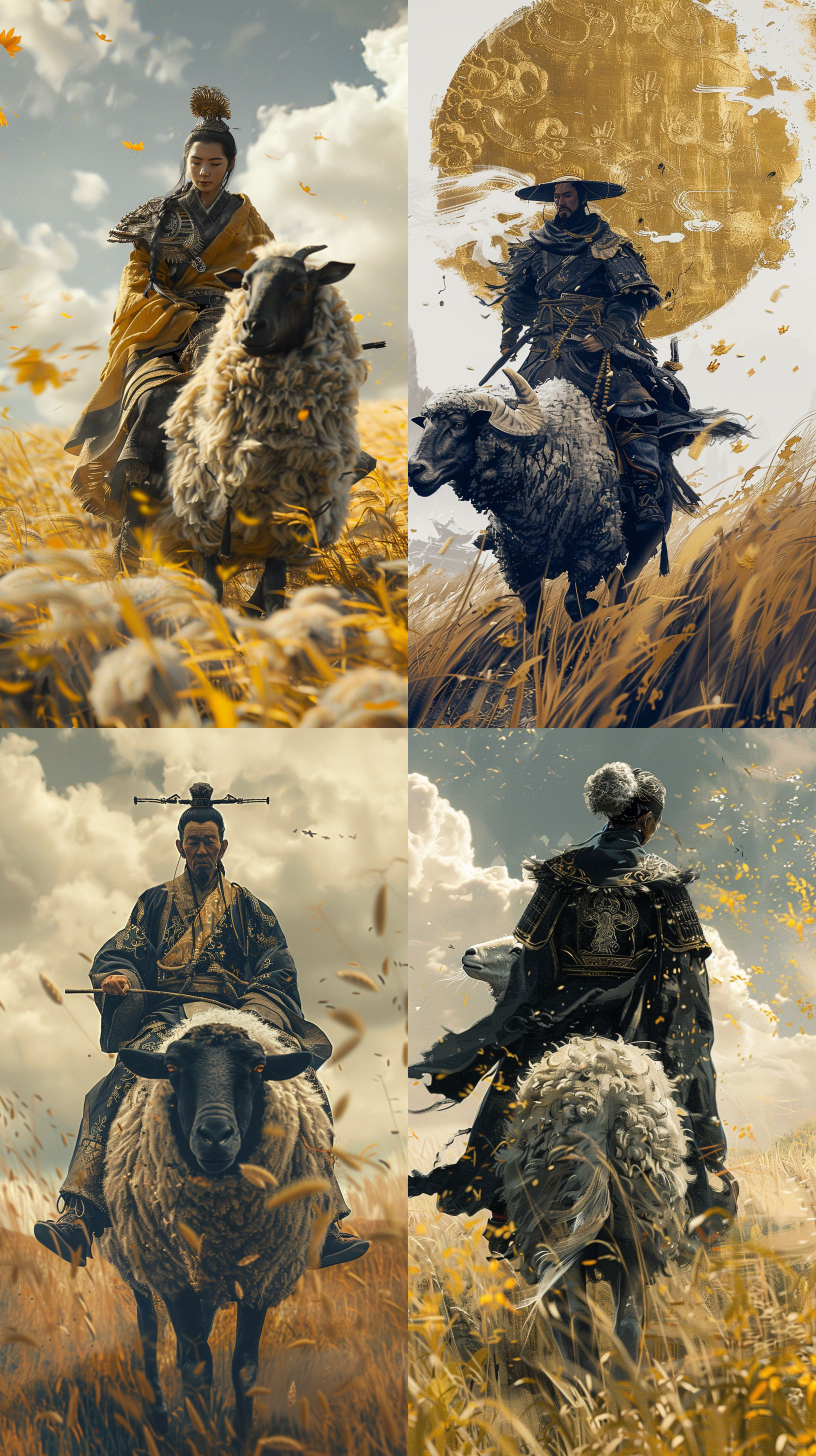 第一人称视角，田野中骑羊的牧童，汉服装扮，传统中国水墨风格，黑金主色调，夸张透视，极简风格，8k分辨率。