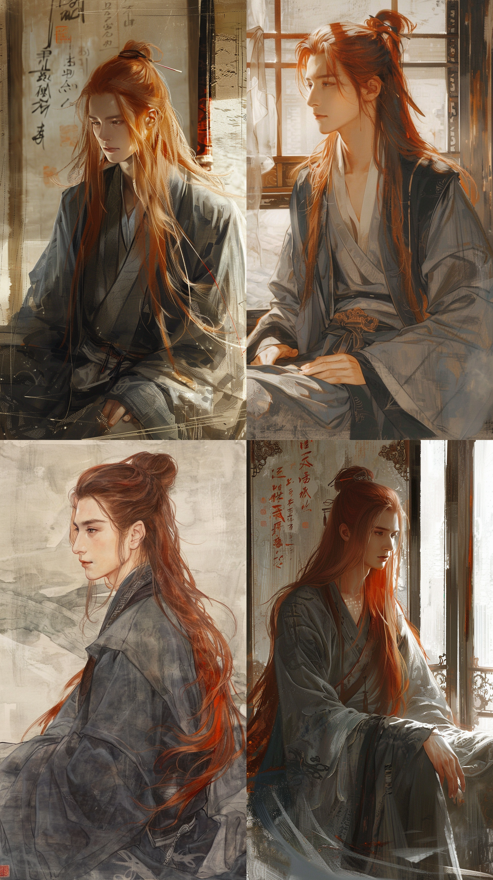 三国时期男子，红色长发，深灰衣服，室内坐姿，思考表情，暖色调，古风风格，中焦镜头，侧光，静态，沉思。 中国墨 半身