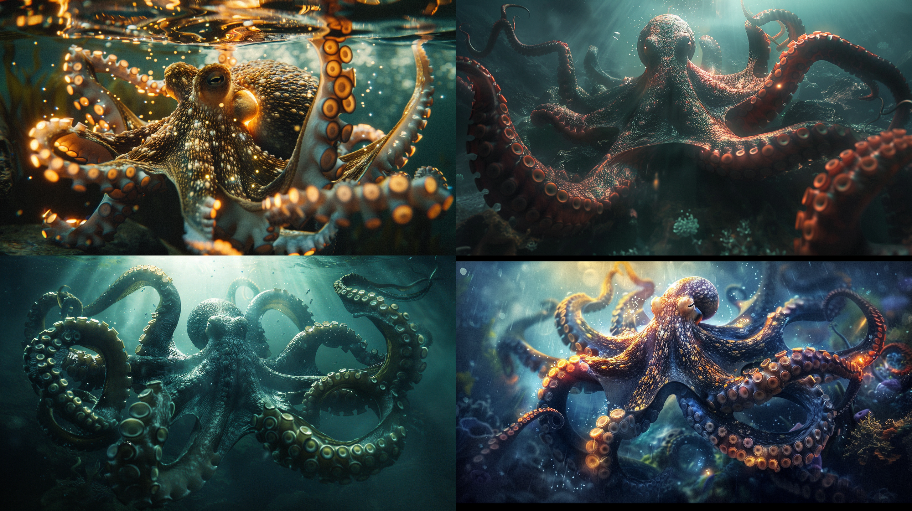 大海里一只巨大的章鱼，章鱼身上发着光，广角镜头，