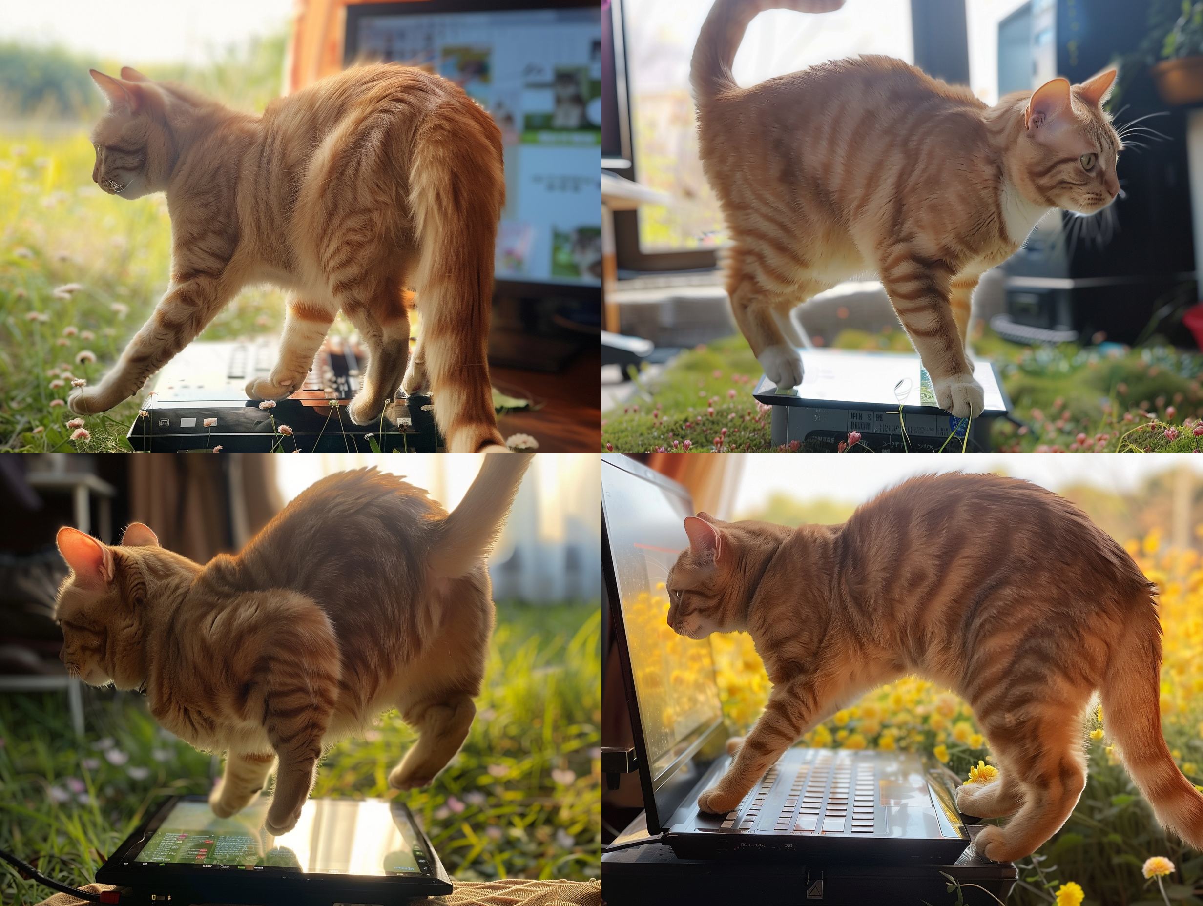 鲜花盛开的草地上，橘猫飞奔，跳跃，漫画，手稿，全身，超级细节，户外环境，长焦镜头，明亮色调，活力，快速快门，欢快。