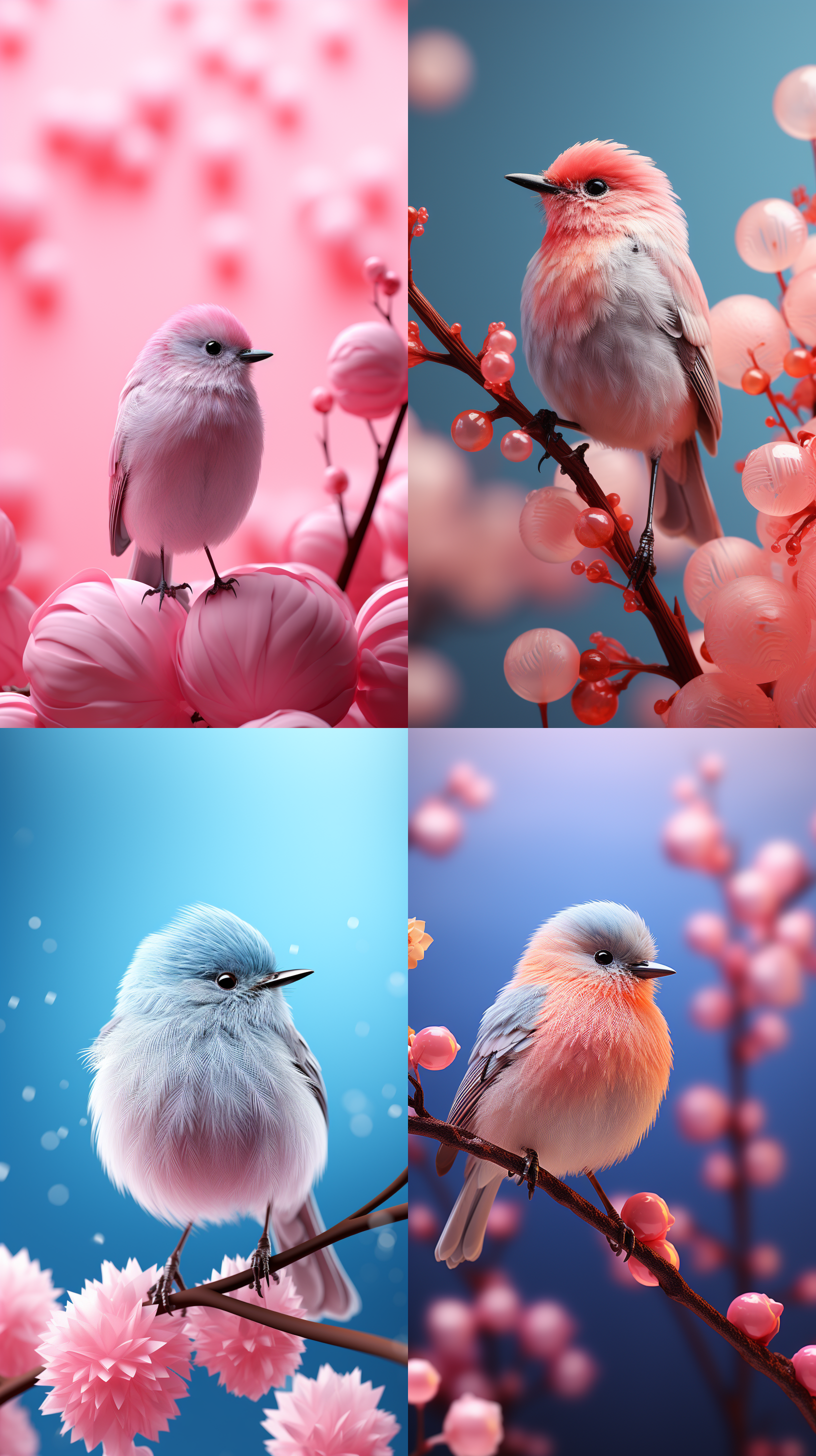 ip盲盒小鸟，简约风格，纯色背景，泡泡玛特风格，梦幻色，少女感，马卡龙色，高细节，高质量，画质细腻，干净背景，泡泡商城风格，设计简洁，3d立体，c4d渲染，搅拌机，幻觉引擎，octane渲染，pixar，8k，oc渲染，3d模型，室内灯光，c4d风格，卡通写实，高清大图，8k