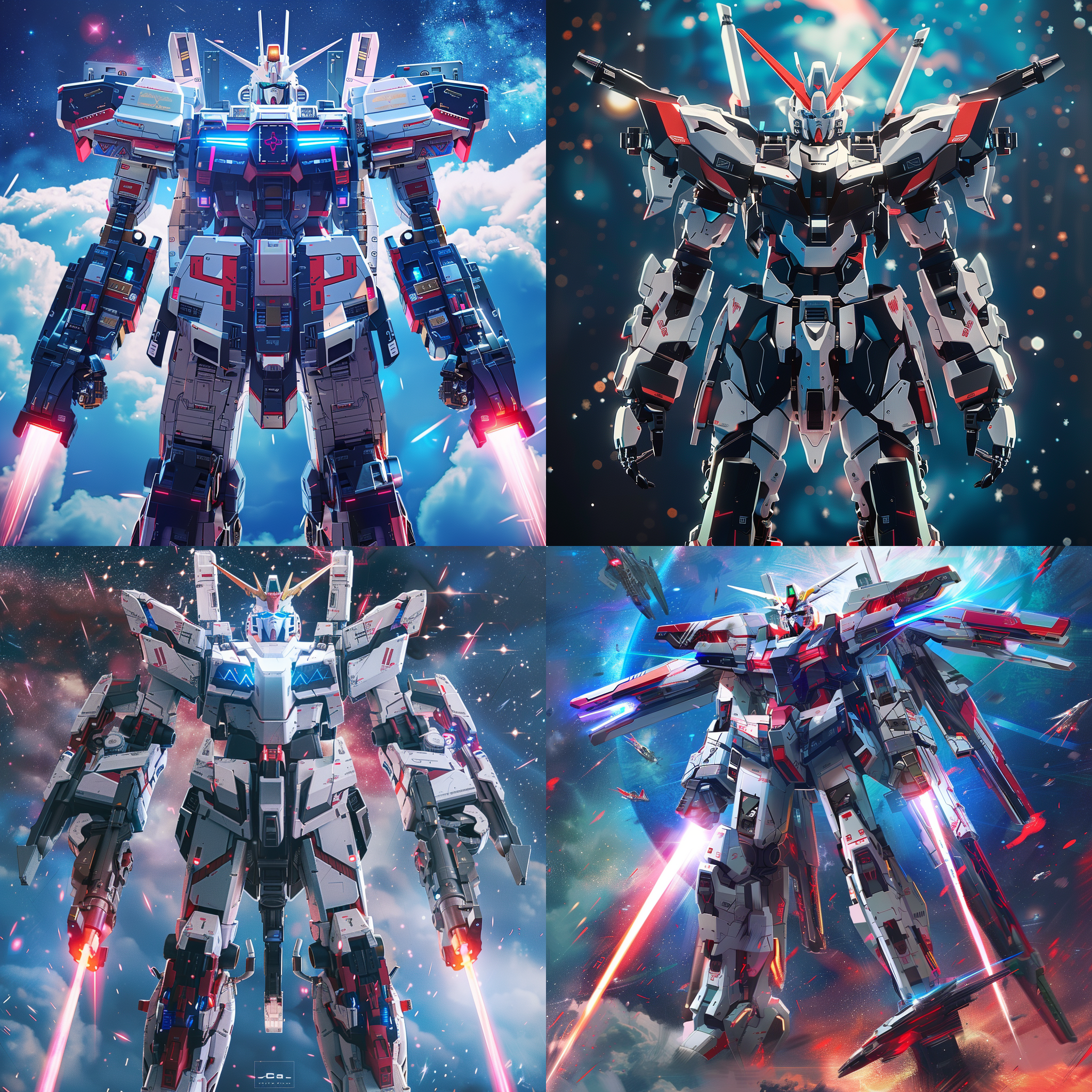 巨大机甲，白红蓝黑涂装，六芒星图案，全身，正面全景，8k高清，动漫风格，悬浮电磁震荡剑，宇宙背景，华丽外观，细节丰富，强烈对比，威严气势，未来科幻风。