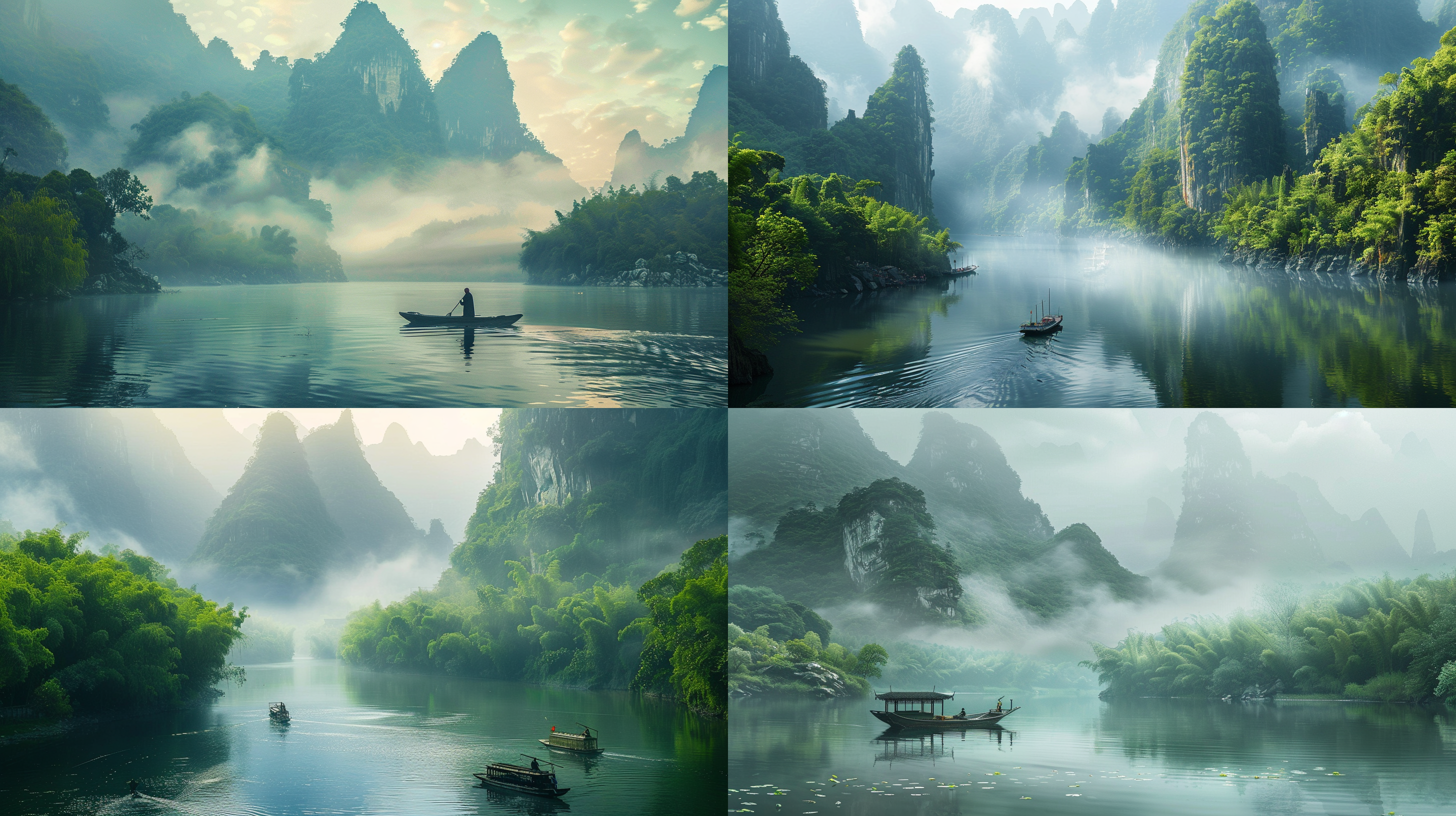 古代中国的江湖景象，传统木船，宁静的水面，雾蒙蒙的山脉，武术家，历史服装，武林精神，平静的紧张，江湖动态，柔和的绿色和蓝色，温暖的土色调，自然与文化的和谐。