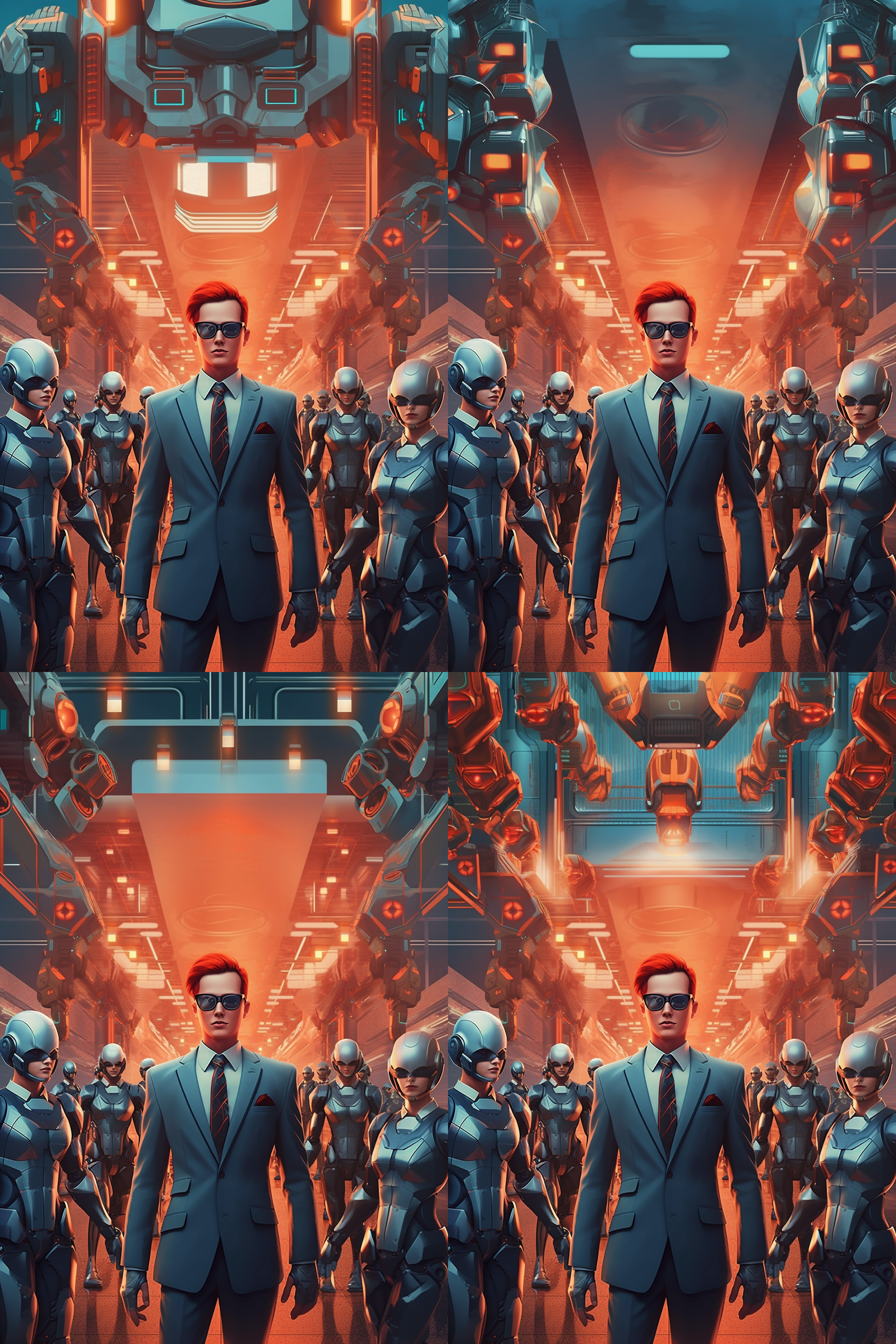 设计一张海报，表示的内容是，一个人借助人工智能成为了一个团队的样子，主角在前面，其他人在背后。办公室的场景，有科技感。