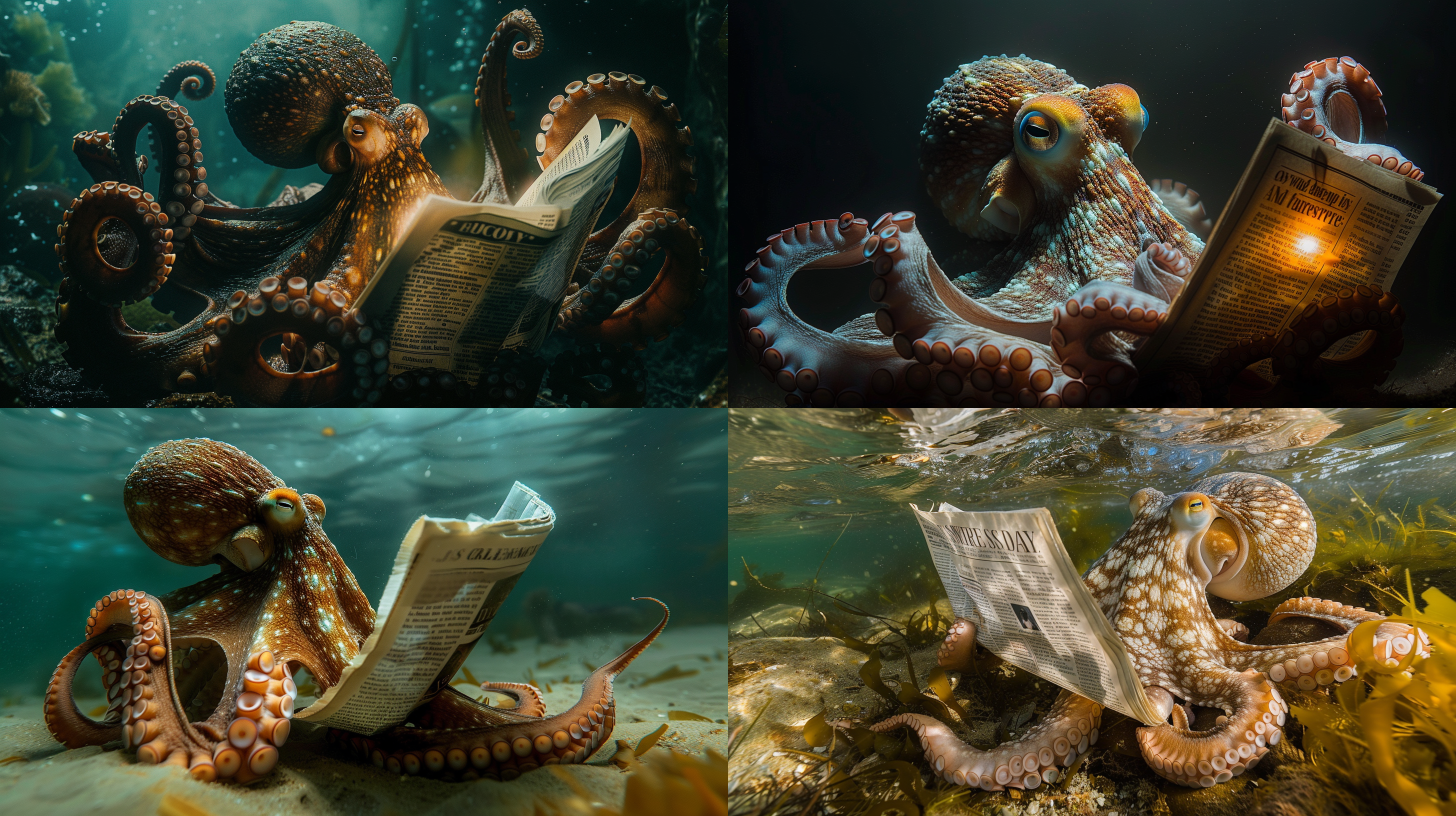 大海里一只巨大的章鱼，章鱼身上发着光，看报纸，拟人化，广角镜头，奇妙的光线