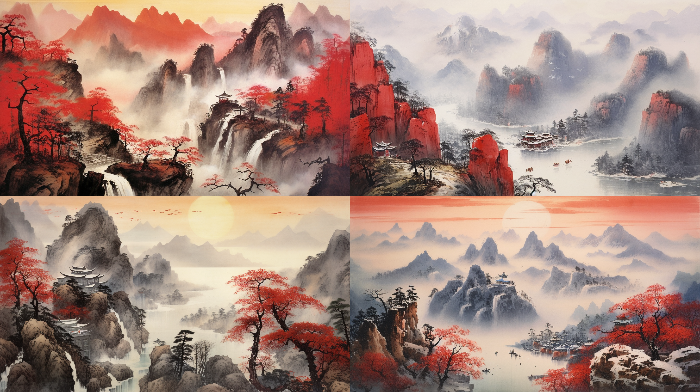 中国水彩画，融合了傅抱石，关山月两位大师的风格，高山大岭白雪皑皑，长城在群山中逶迤起伏，黄河奔流不息，气象万千，一轮红日照耀群山，整体气势磅礴、恢弘大气。