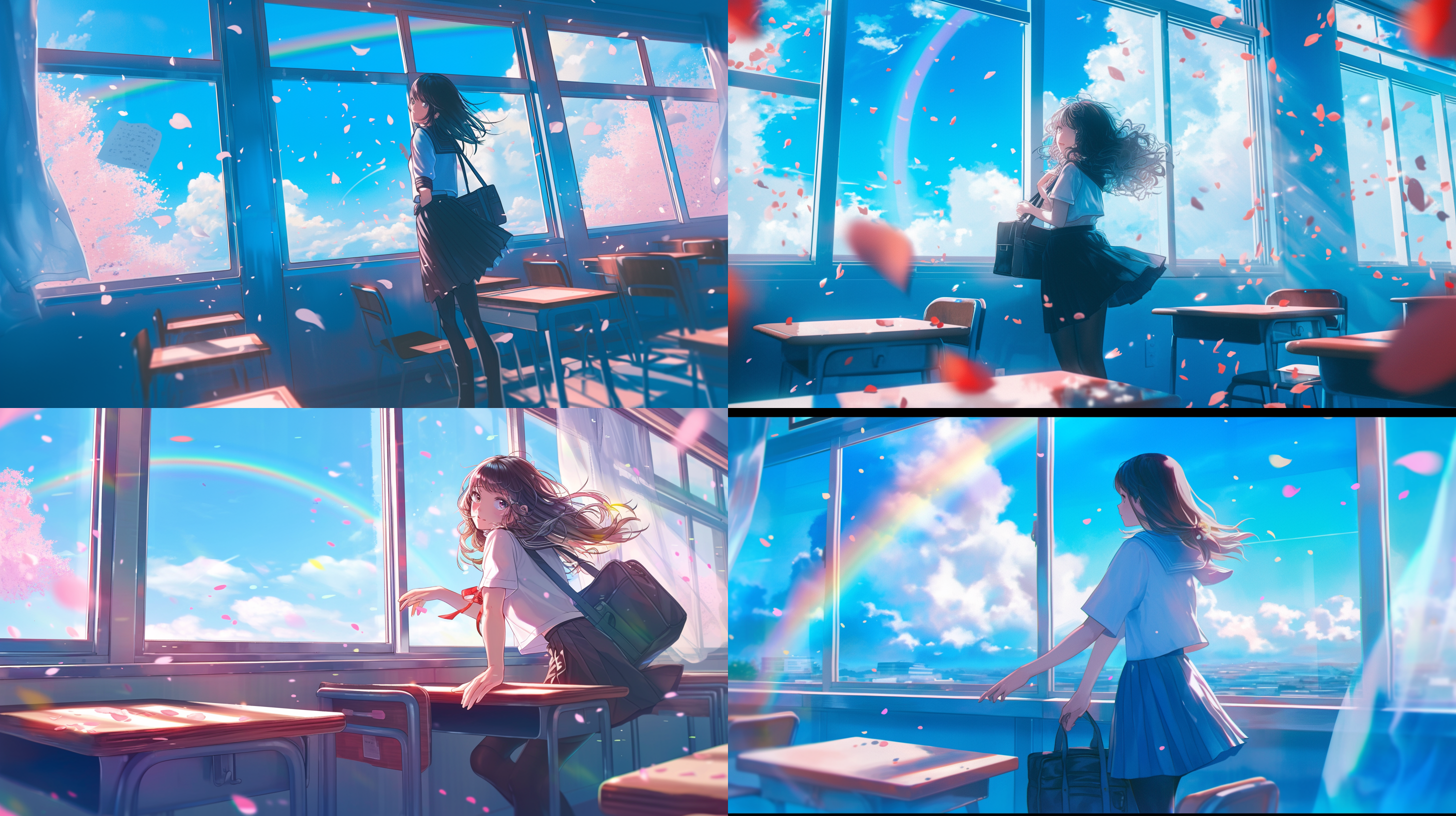女孩，黑丝，服装细节，教室背景，明亮，全身照，景深镜头，8k画质，细腻纹理，书包，窗户，看向窗外，花瓣漫天飞扬，窗外的彩虹，蓝天，唯美，电影风格，