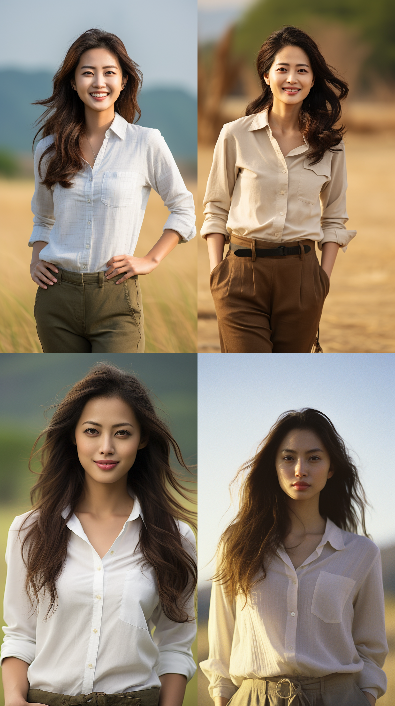 35岁中国女子，正脸，自然光，户外草地，柔和色调，50mm定焦镜头，微笑眼神，长直发，简约衬衫，自信。