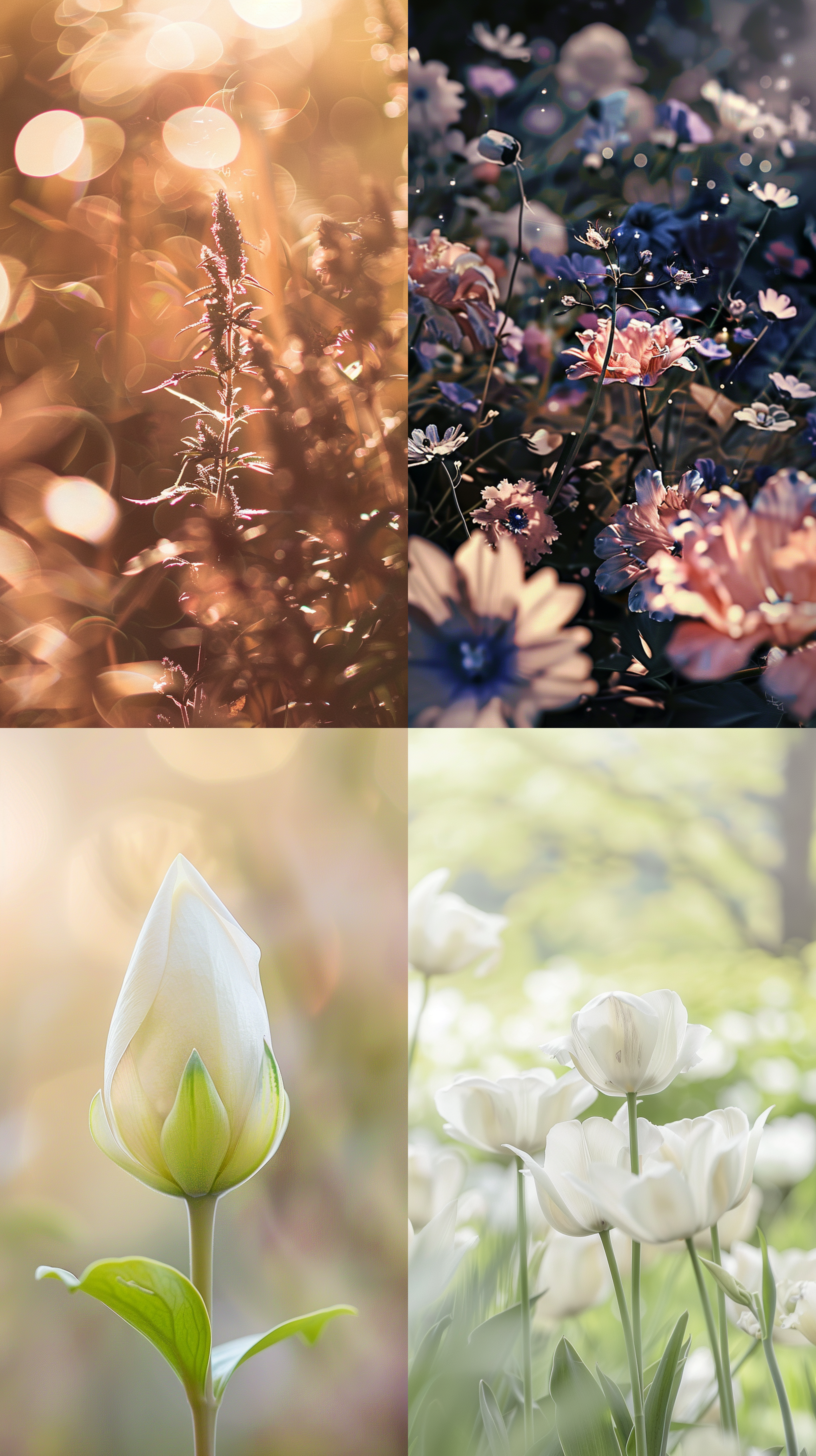 春天到了，户外场景，花海中，温暖光线，柔和色调，主题为花朵，微距镜头，清晰焦点，静态，轻松愉悦。