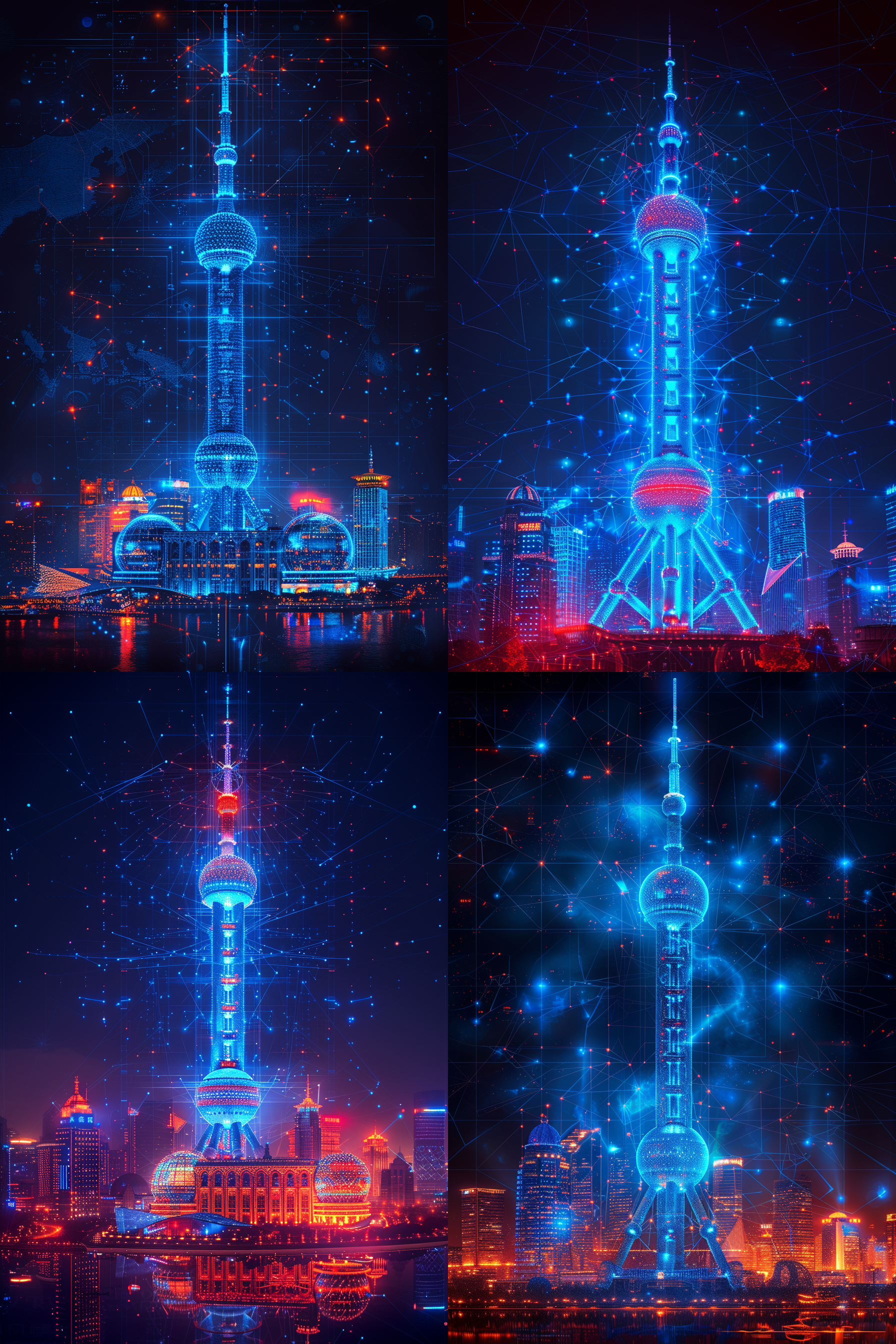 上海浦东东方明珠电视塔的线框全息图，在孤立的黑暗背景下，发光的蓝色线条在其标志性结构周围形成复杂的图案。该设计展示了详细的建筑细节和特色，创造了中国古代建筑的视觉震撼表现。这款数字艺术作品非常适合需要以 8k 风格传达历史意义和未来技术的创意项目。