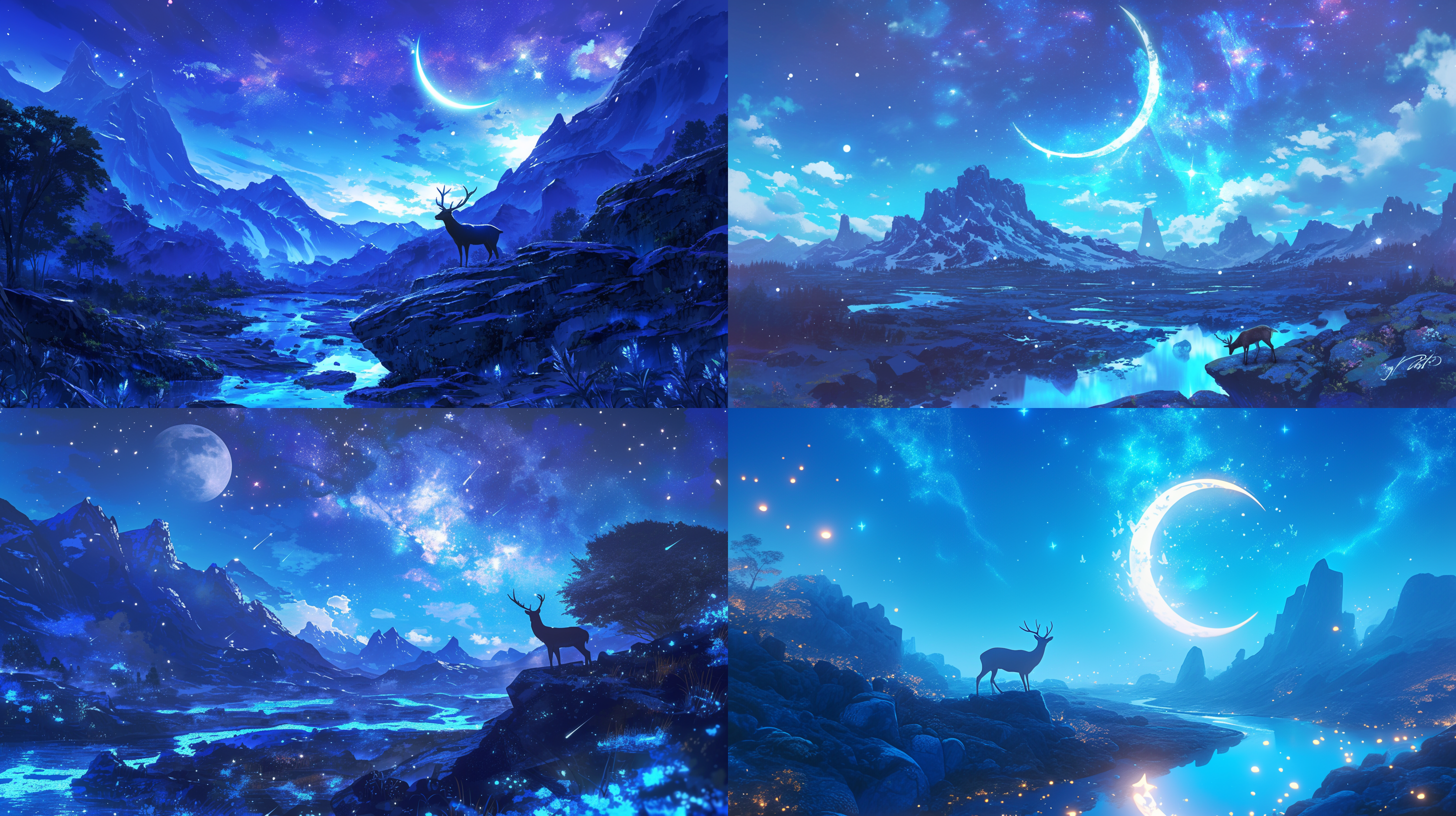 梦幻星空，弯月，山川河流，小溪，石子，梅花鹿，中置构图，唯美景色，38mm定焦镜头，微距拍摄，冷色系，蓝色，色彩鲜艳，细节丰富，逆光，专业摄影全景，逼真梦幻。