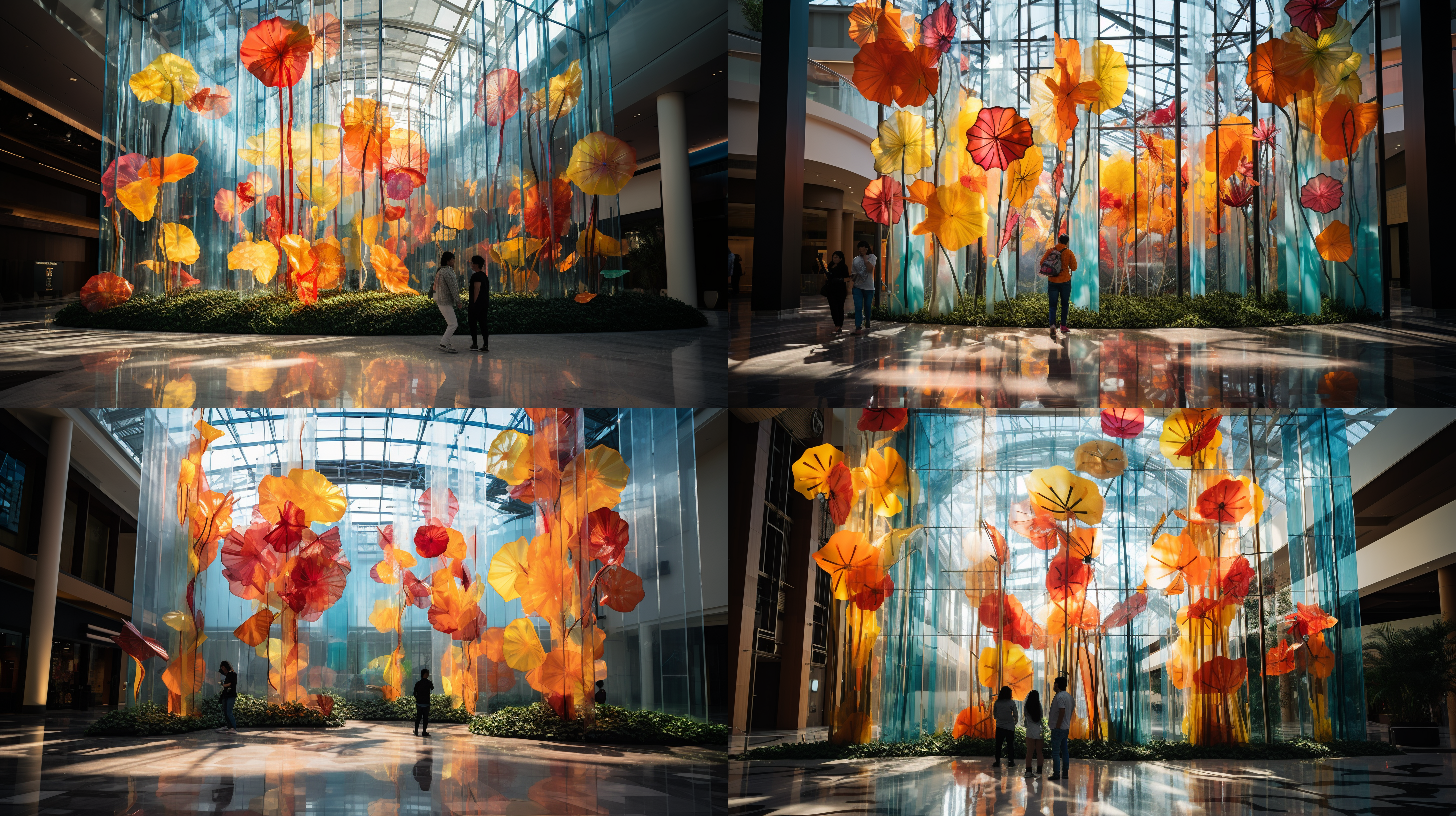 透明竹子艺术装置，现代商场中庭，30平米，6米高，透明材质，清晰结构，周围花卉，座椅休息，互动，时尚休闲，现代艺术，明亮色调，宽幅镜头，环境光，展示，轻松。