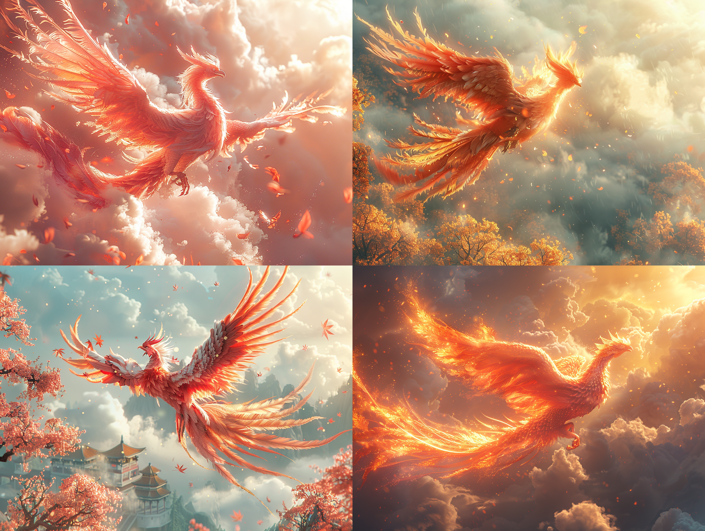 一只翱翔天空的火凤凰，祥云，夸张角度，全景广角，长焦距拍摄，中国风国画风格，梦幻，神秘，3d渲染，c4d效果，画面细腻，细节精致，高清，8k