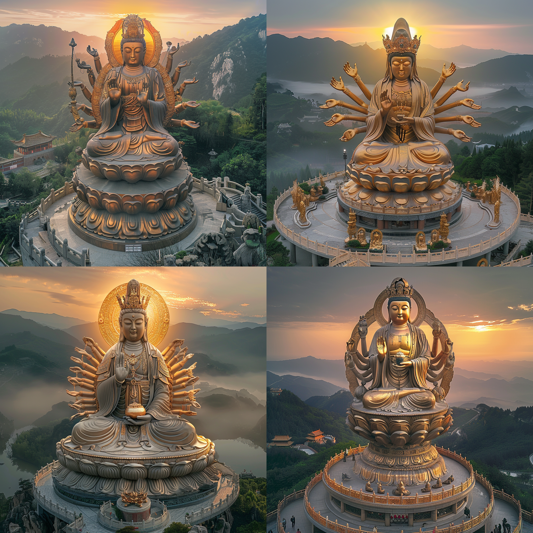 中国观音菩萨，端坐莲花宝座，慈祥微笑，手持净瓶，头戴宝冠，身着华丽袈裟，背后出现千手千眼形象。金色光芒环绕，背景是云雾缭绕的山峦。佛像，传统风格，肖像，金色调，宗教，平视角度，柔和侧光，静态，庄严。