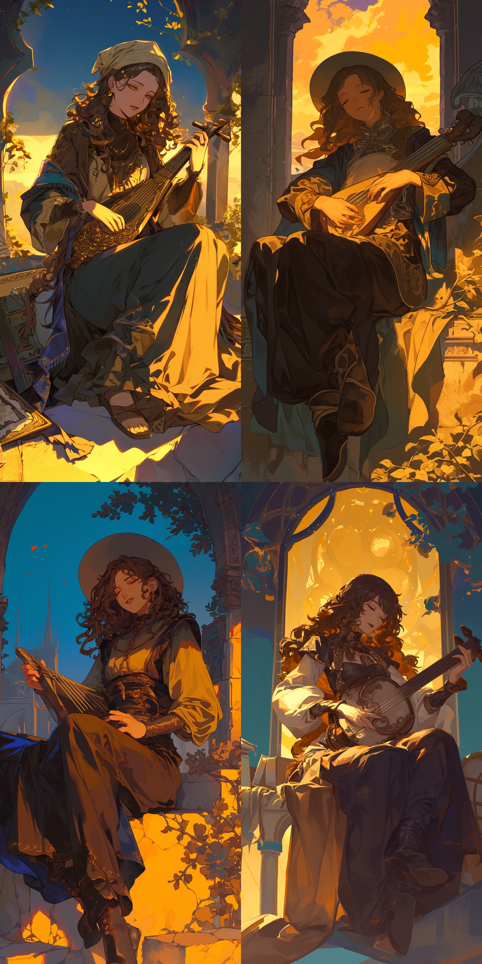 坐在石头上的女吟游诗人，手持风琴，头戴诗人帽，黄昏，歌唱