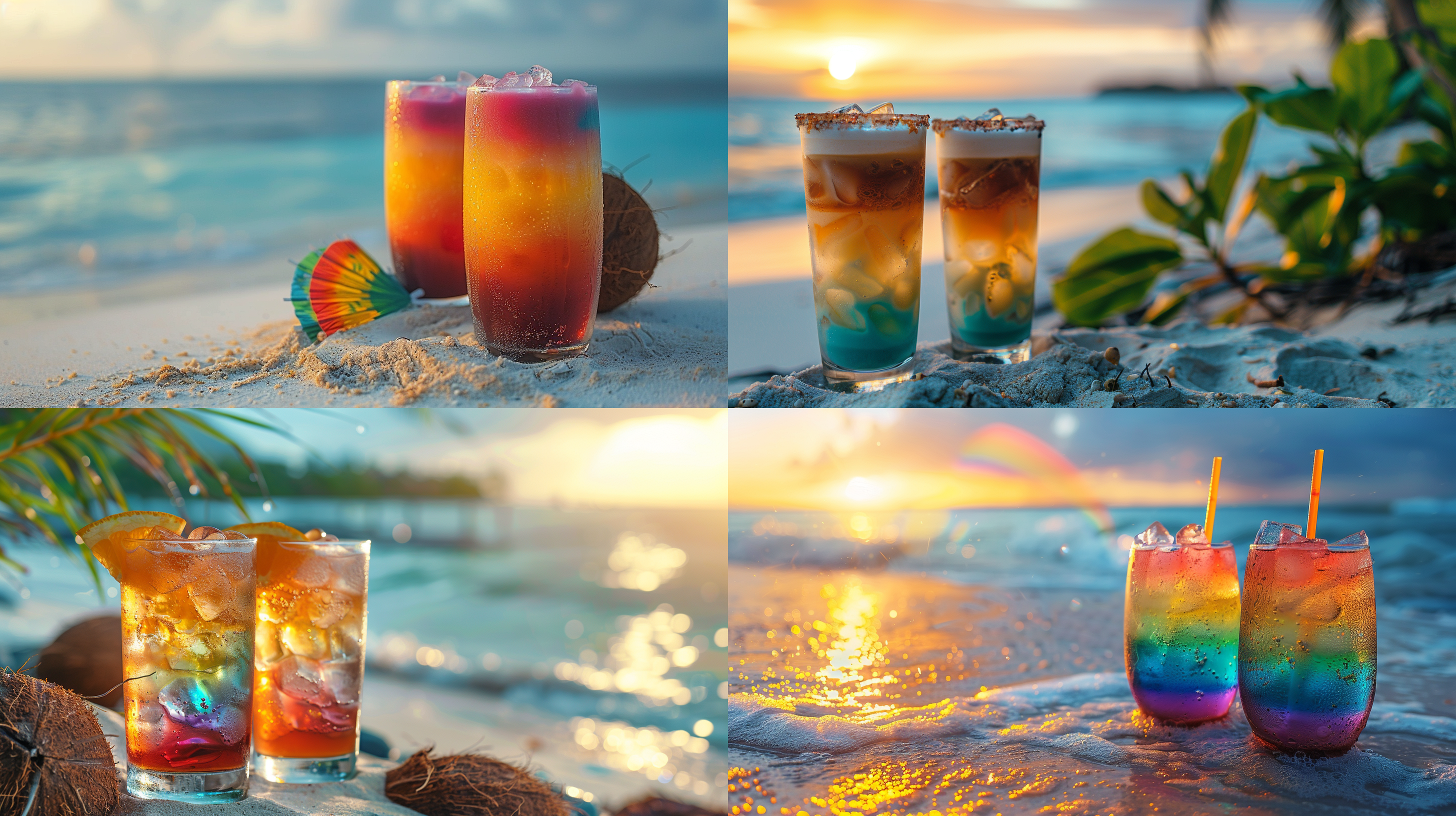 青椰子和冰镇分层七彩鸡尾酒，海滩背景虚化，高饱和度，低对比度，水平构图，热带风情，沙滩色调，长焦镜头，清晰细节，轻松愉悦，夏日气息。