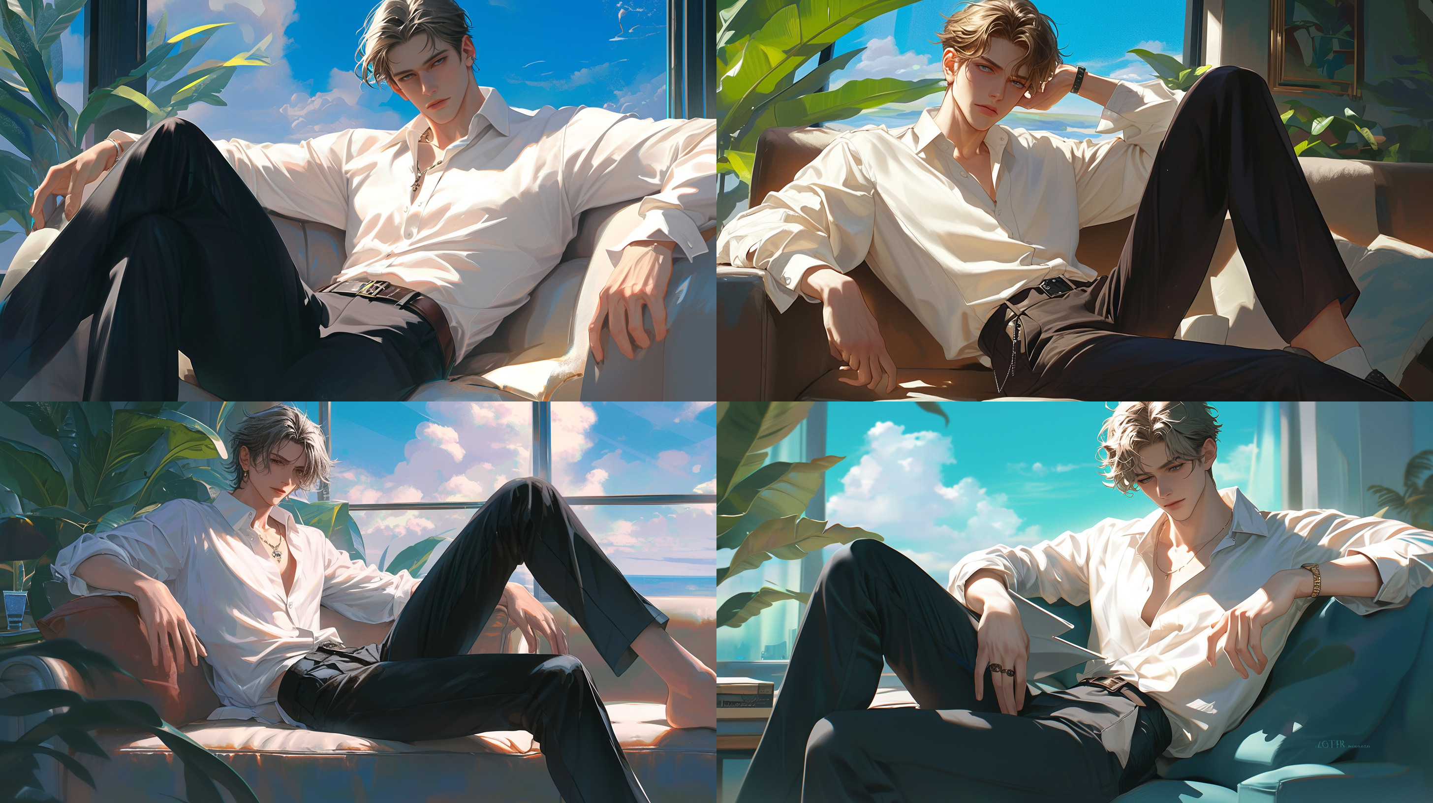 时尚男子慵懒坐沙发,全身镜头,协调比例,凌乱头发,浅色休闲装-清晰五官,高挑身材-杂志风格,高对比细节,真实生活,uhd,8k,ks高清-阳光充足-二次元-新海诚,吉卜力-崭新时尚,自信,轻松自在。