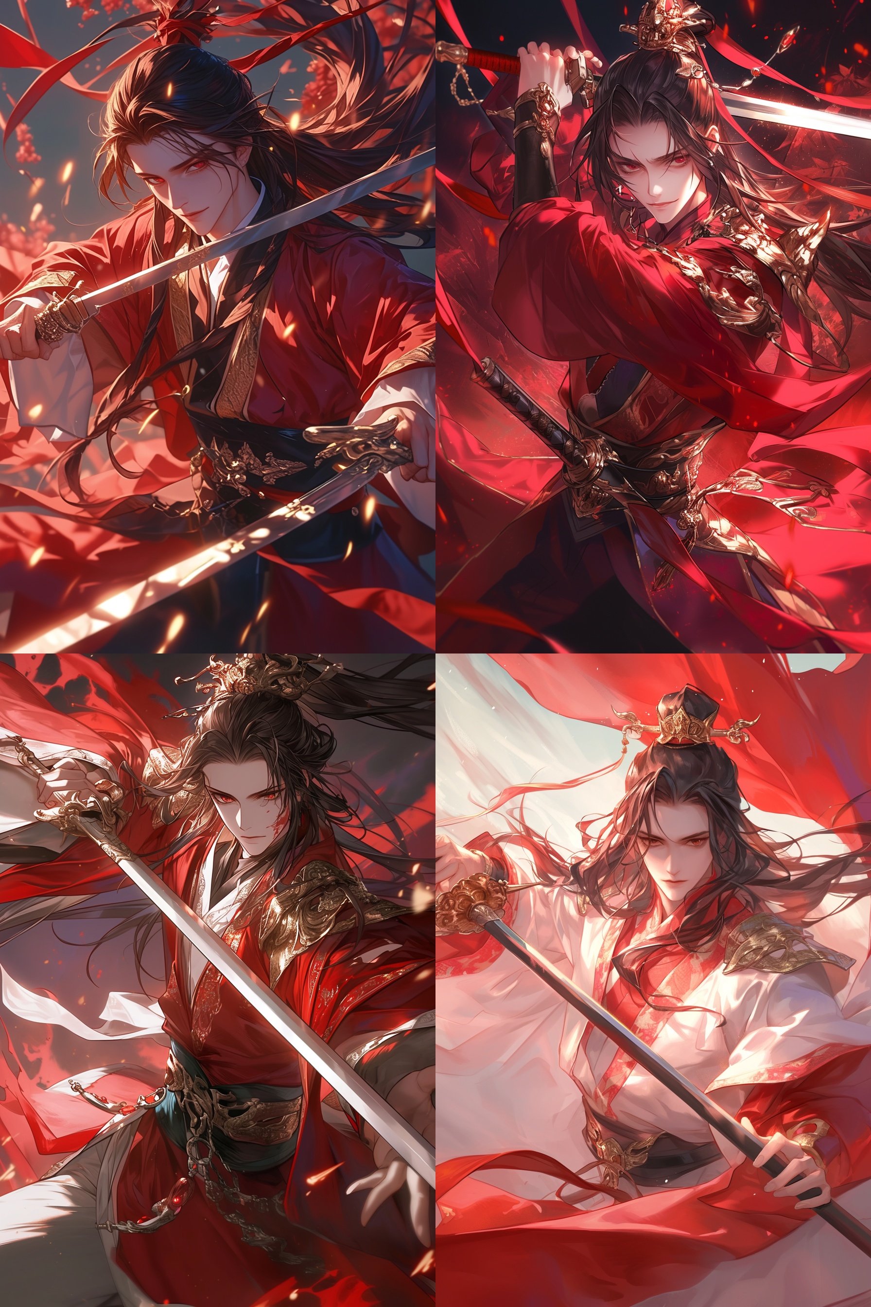 王者荣耀李白，中式汉服，手拿剑，高大帅气，温柔眼神，细节丰富，动漫风格，全身，红色主调，光影效果，英勇，威严。
