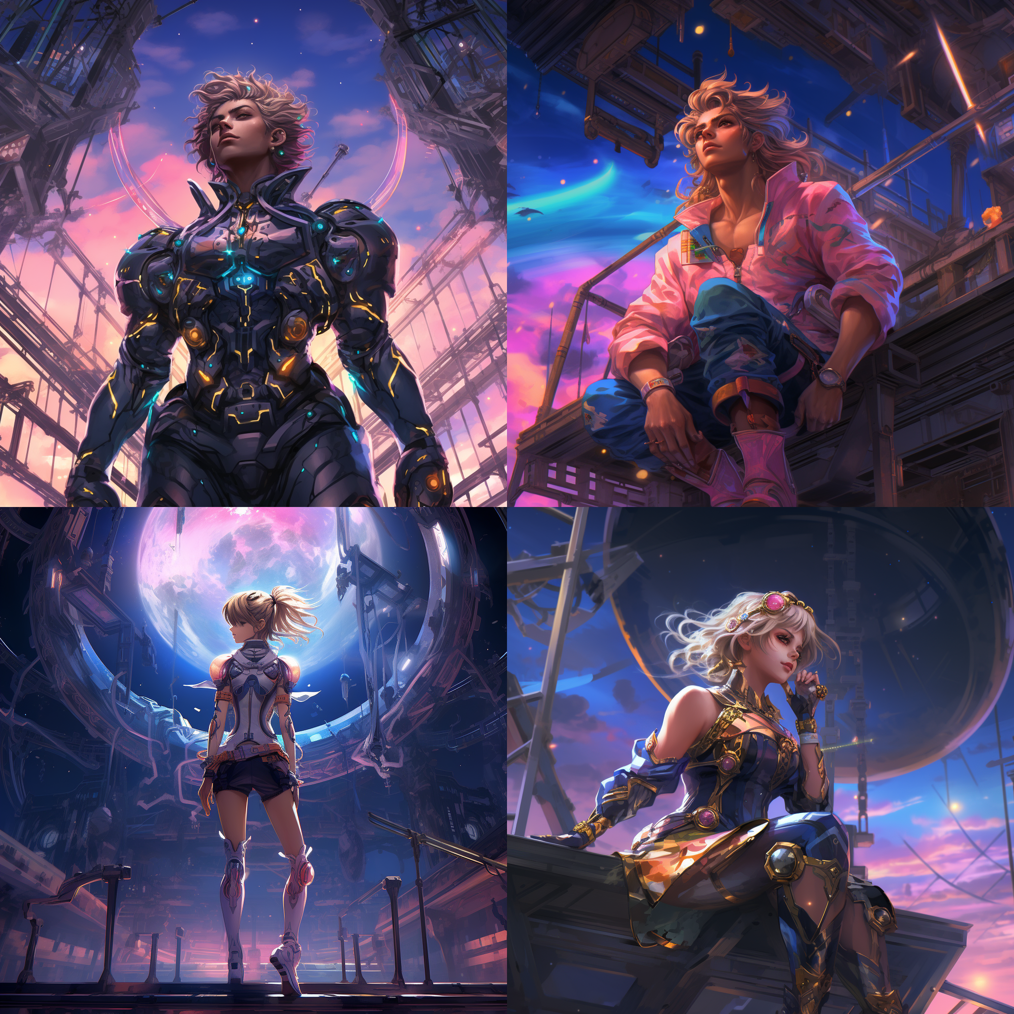 插画，赛璐璐，二次元，男生，全身，极乐世界，神圣，彩色，庄重，广角，仰视，神明，赛博朋克