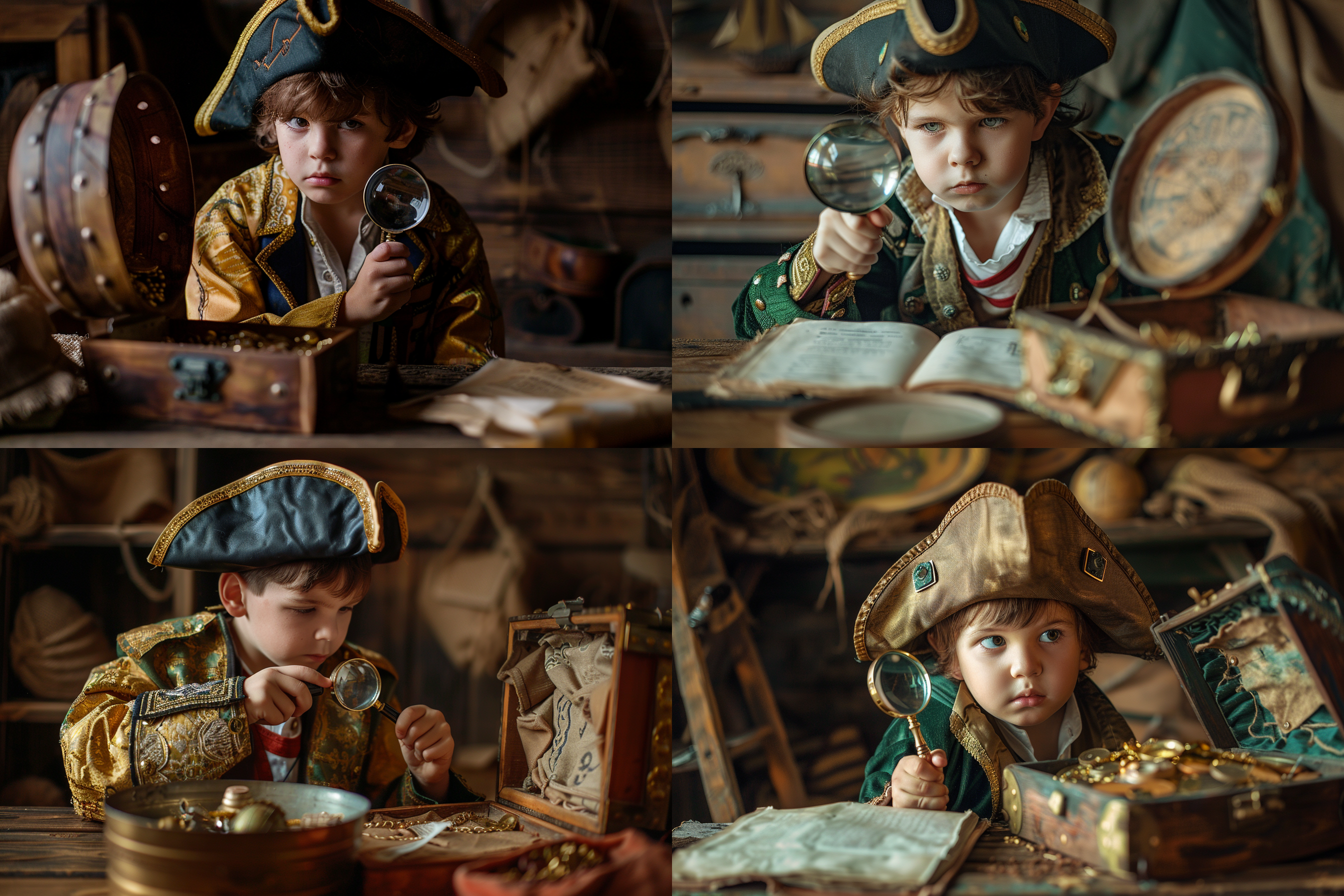 一个有着海盗船长服装装扮的男孩，手里拿着放大镜，坐在桌子前，桌子上放着一个打开的宝箱，神秘的，复古的，孩子动作和表情自然，真实的照片，明亮且柔和的灯光，绿色，黄色色系
