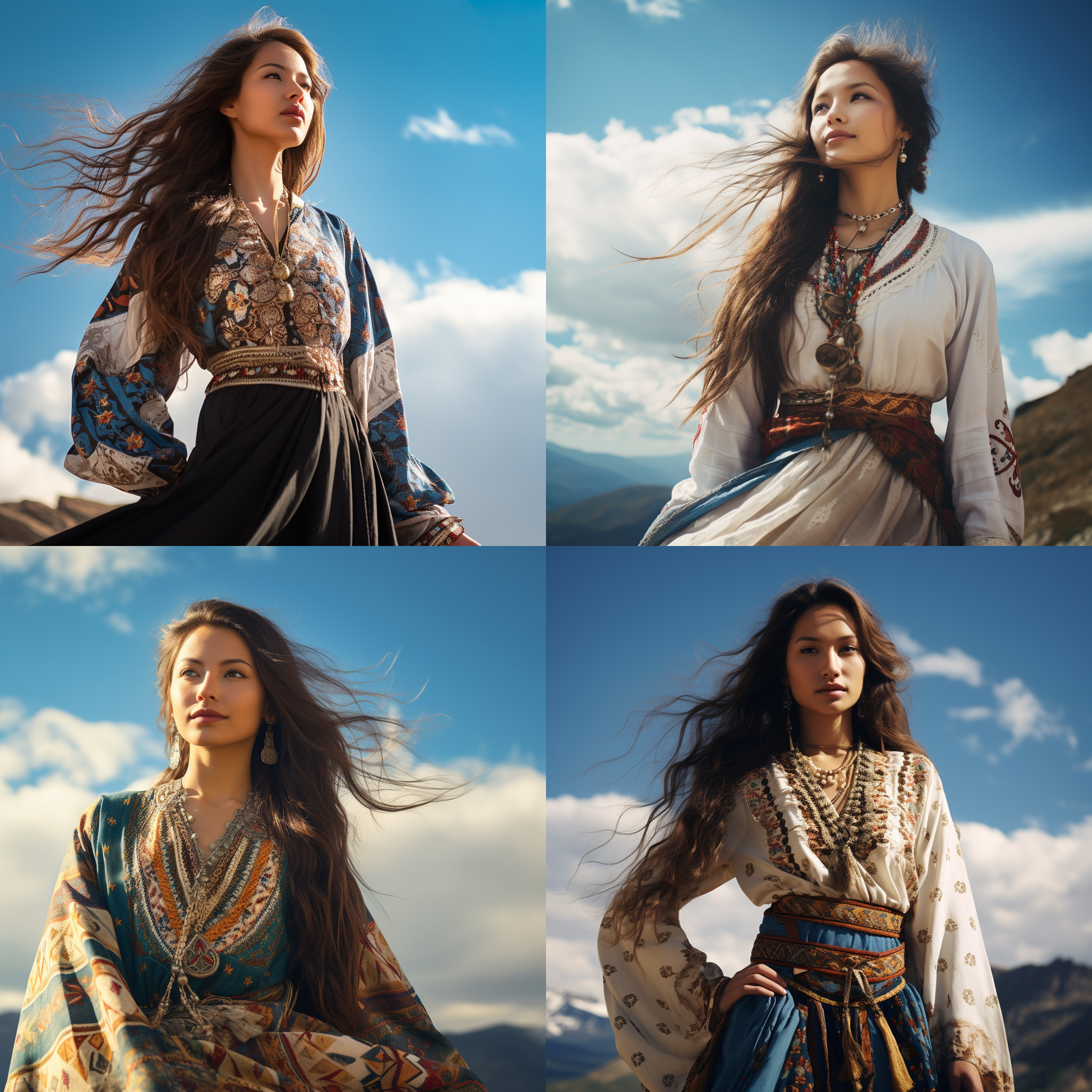 美女穿民族服饰，站在山顶，蓝天白云，唯美风格，长发披肩，微笑，自然光，中焦镜头，自然动作，和谐色调，欢乐。