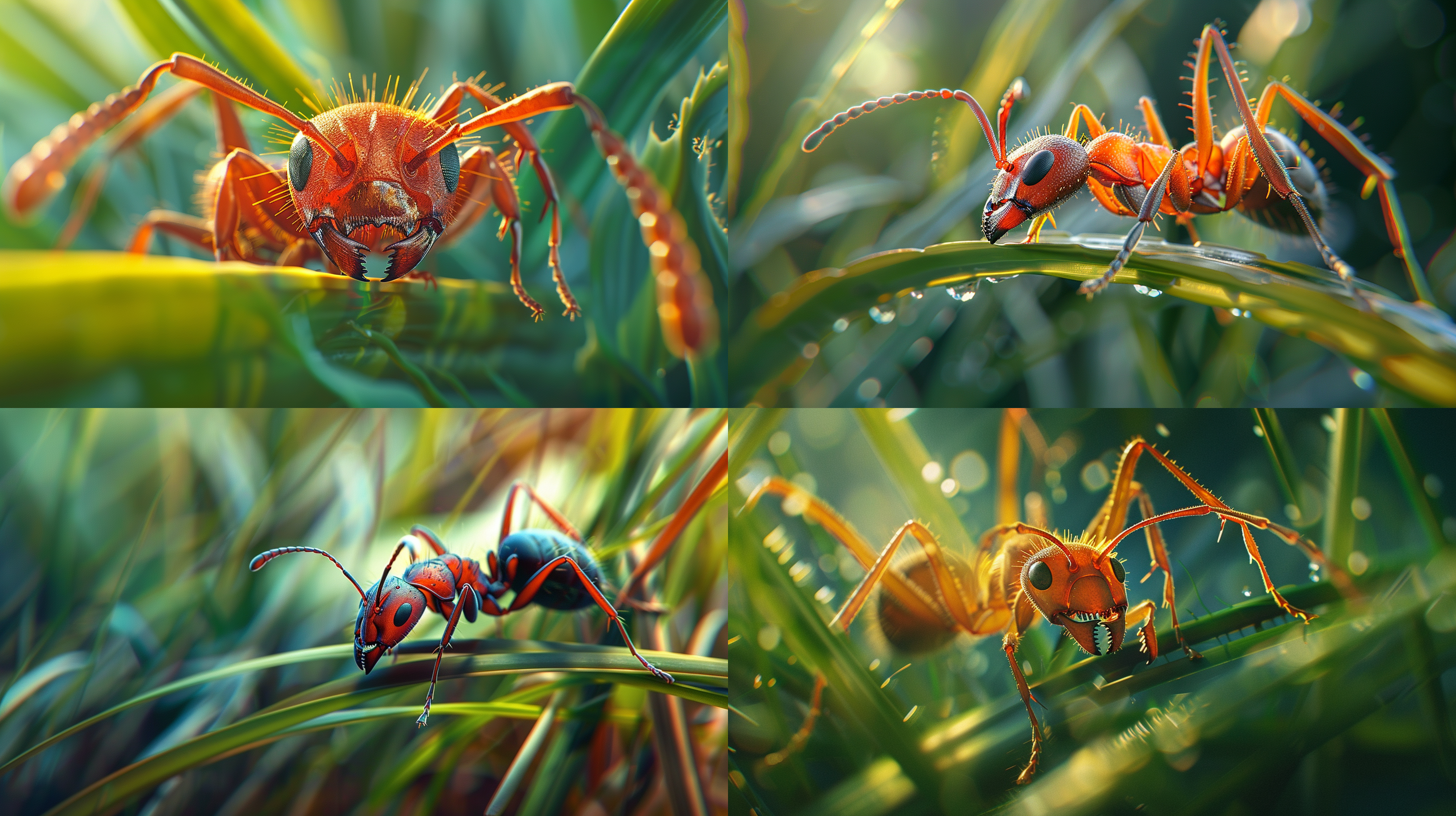 一只蚂蚁在草叶上移动，特写微距镜头，高分辨率，hdr，uhd，工作室照明，超精细绘画，清晰焦点，基于物理的渲染，极端细节描述，专业，鲜艳的颜色，散景，小眼睛、细触角、小嘴巴，细节清晰可见。