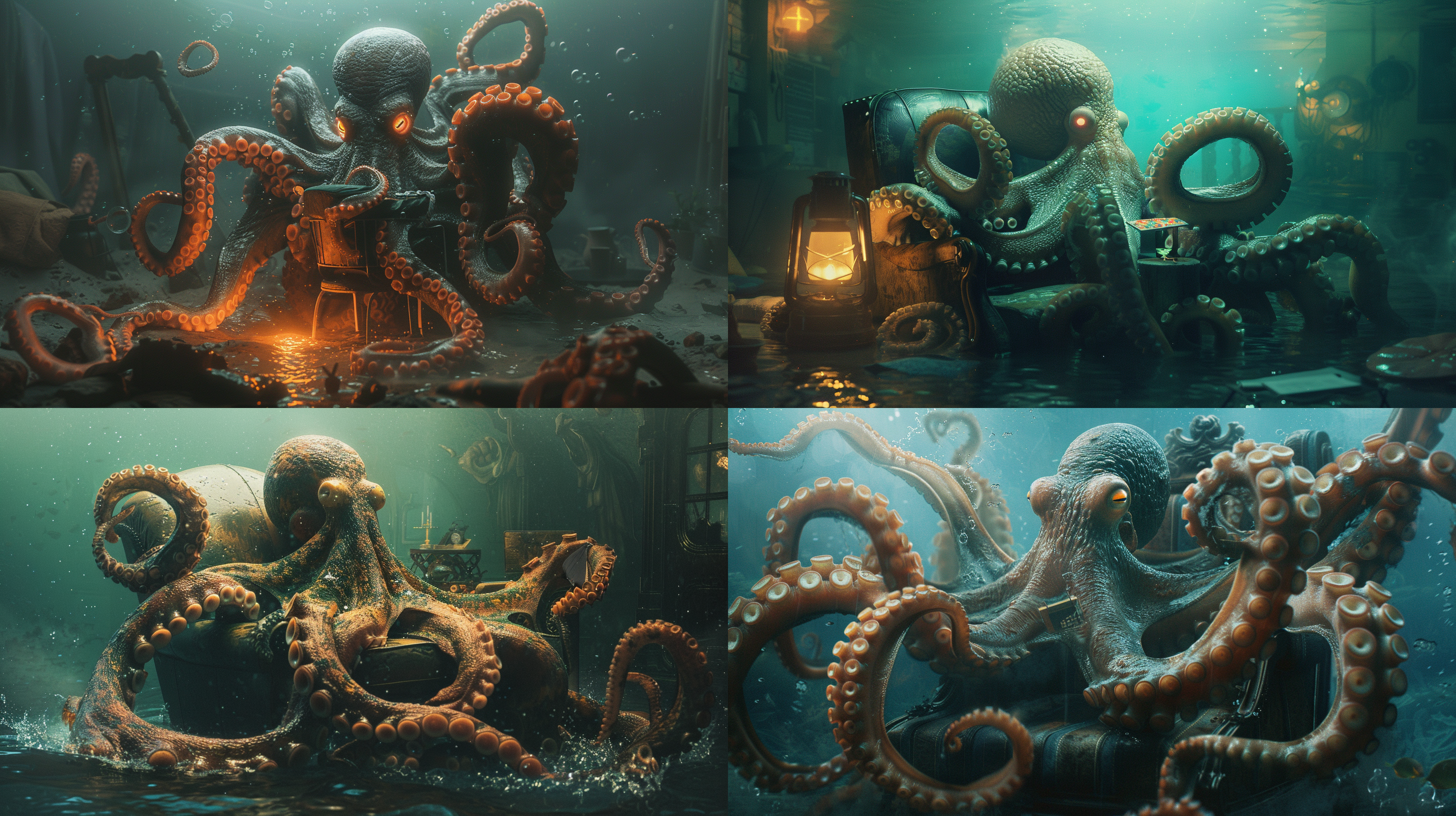 大海里一只巨大的章鱼，章鱼身上发着光坐在椅子上打游戏，拟人化，广角镜头，奇妙的光线