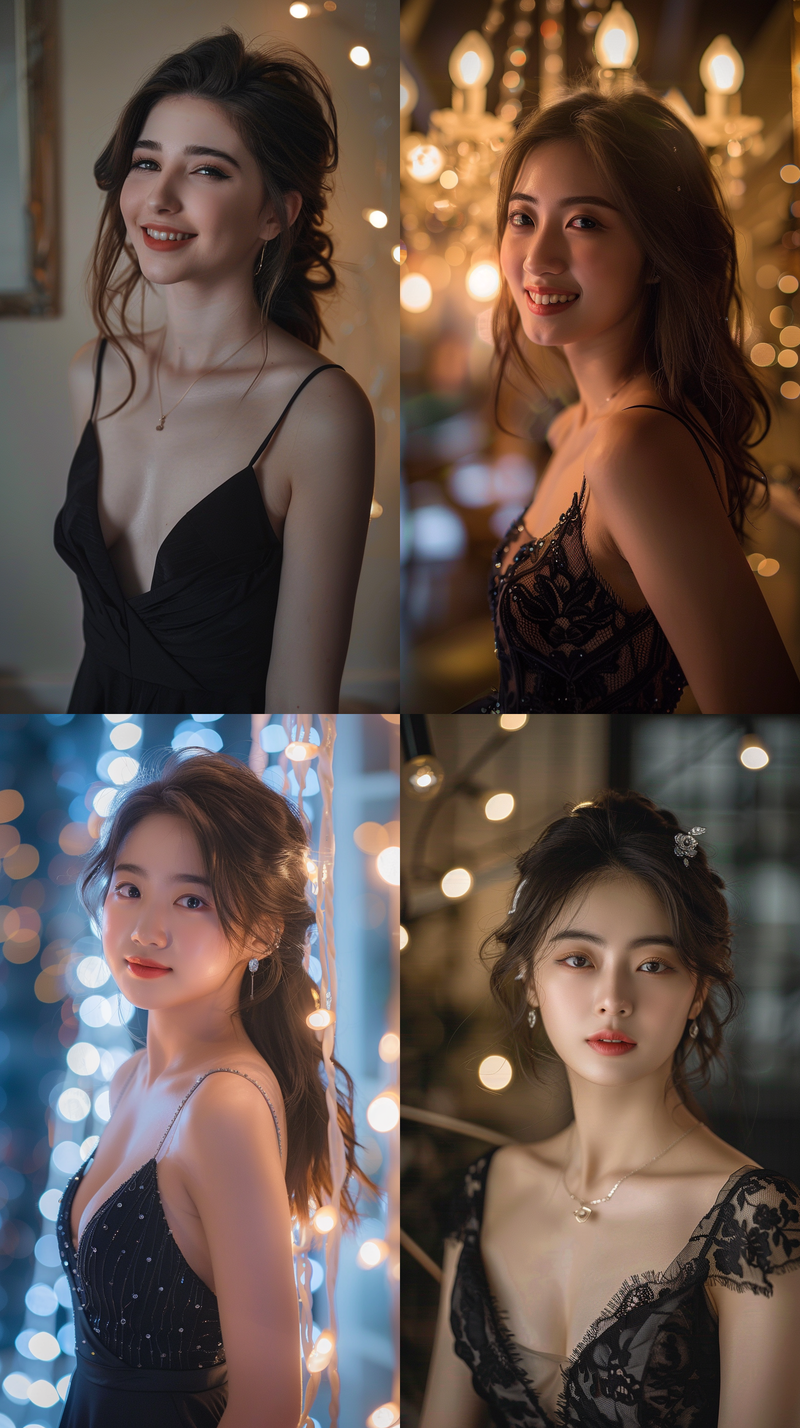 模特，三点布光，led灯，细腻质感，逼真，立体感增强，室内摄影，专业摄影，黑色礼服，自信微笑，柔和色调，优雅气质。