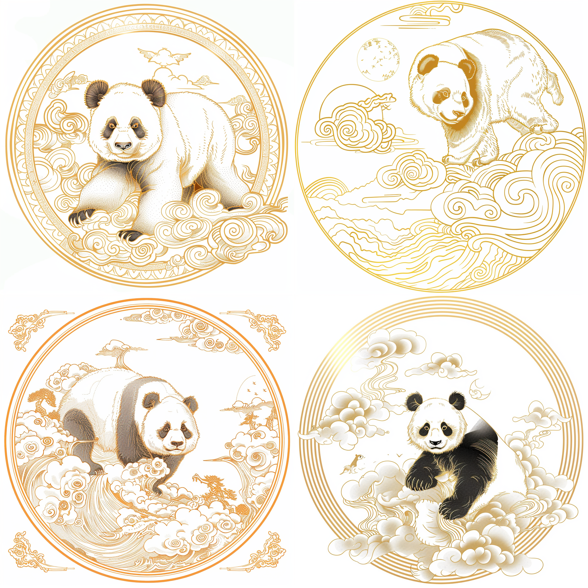 user is interested in creating a powerful midjourney ai image generator prompt for a featured photo with specific guidelines.熊猫站在祥云上，细节丰富，白底，金色描边，中国传统圆形风格，优雅。单线图, 祥云，金色，优雅，细节丰富，白底，圆形风格。单线图
