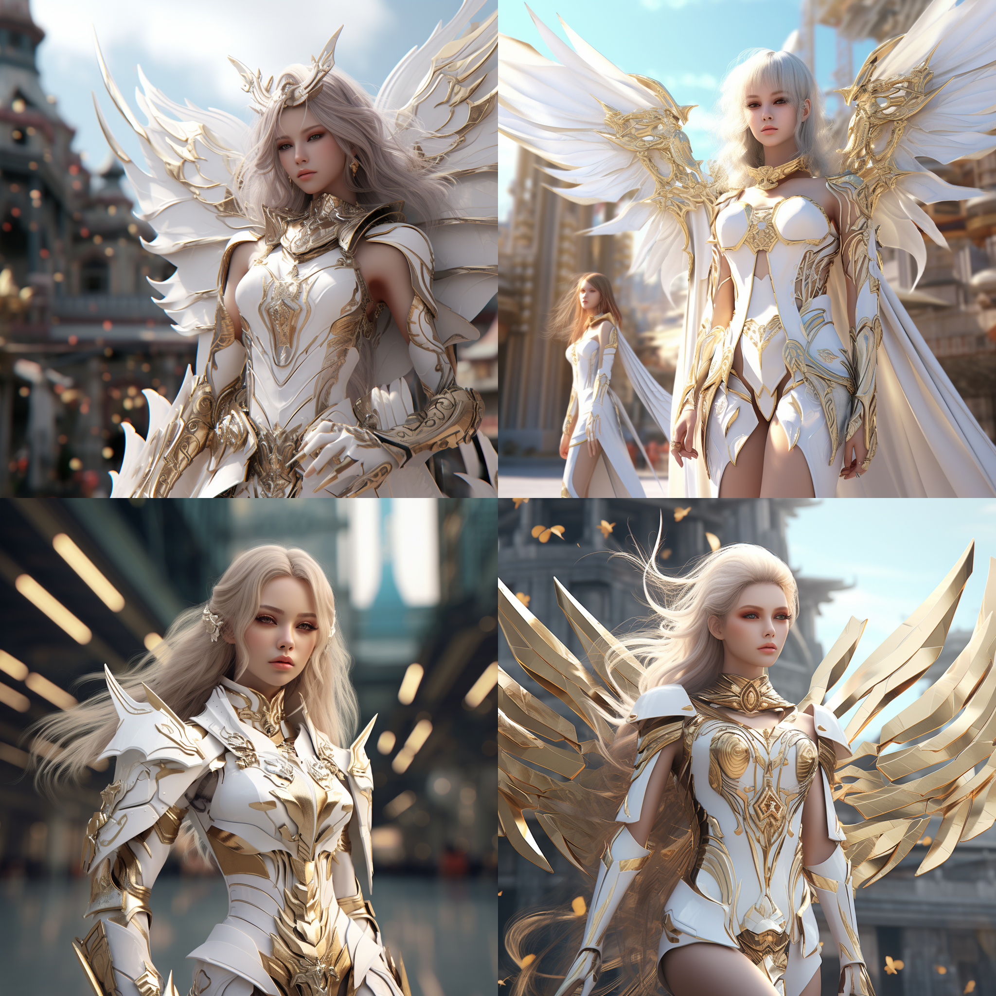 现实主义，美丽的照片，美丽女孩，穿着白色的道袍，金色的盔甲，盔甲上有中国道教图案，修长的腿，穿着有翼的鞋子，科技城在它后面，未来派的幻想世界，全身照片（fls），金属质感，genshin样式，oc渲染器，3d，宁静，电影般的照明效果