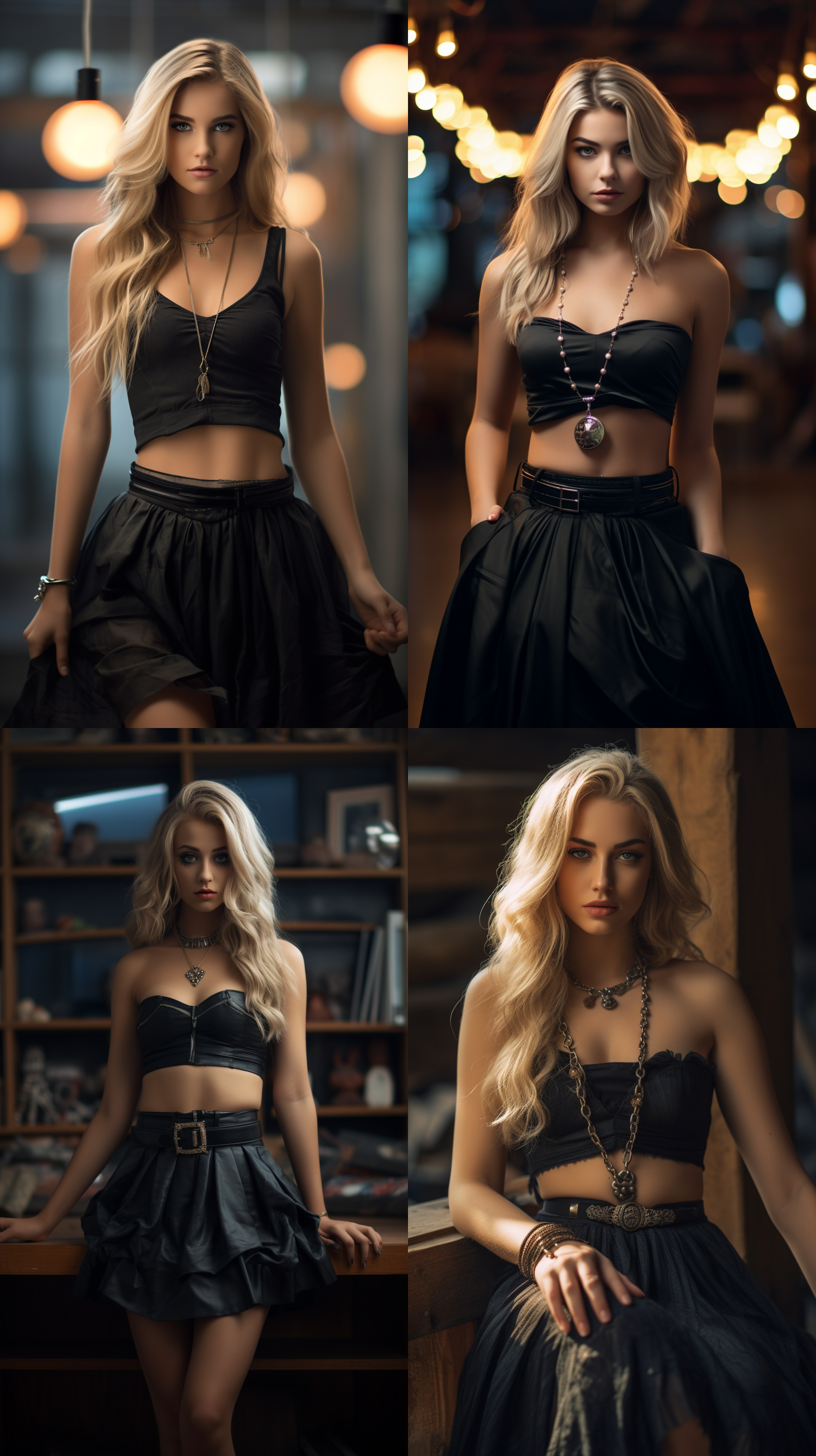 高细节，（eos r8，50mm，f1.2，8k，原始照片：1.2），超逼真的8k，拍摄，1女孩全身照片，独奏，大长腿，裙子，金发，首饰，戒指，长发，手镯，时尚，黑色连衣裙，指甲油