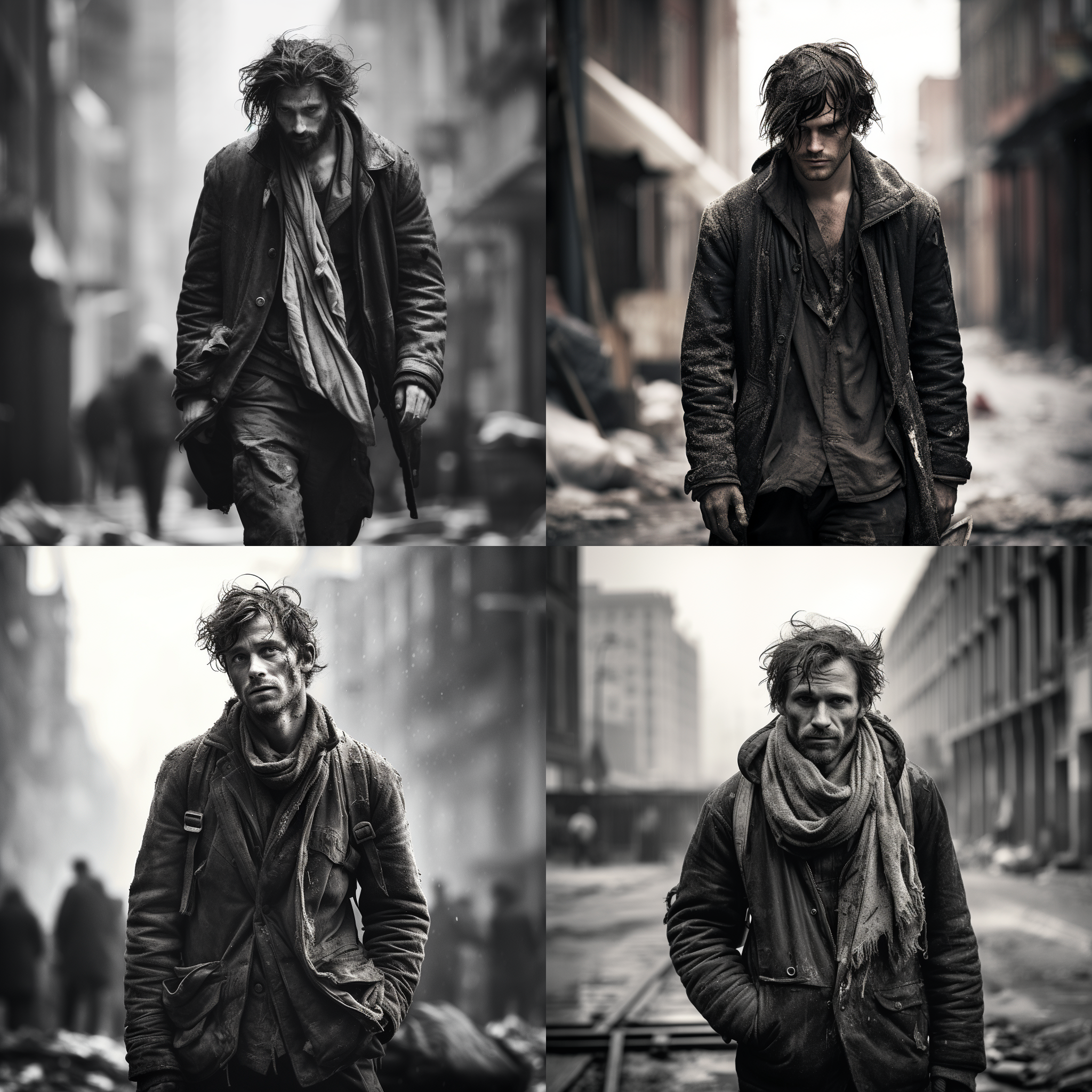 一无所有，孤独站在荒凉城市街头，衣衫褴褛，满身灰尘，脸上带着绝望的表情。黑白风格，窄深景深，城市街道，午后阳光，遥远的建筑，低角度，哀伤。