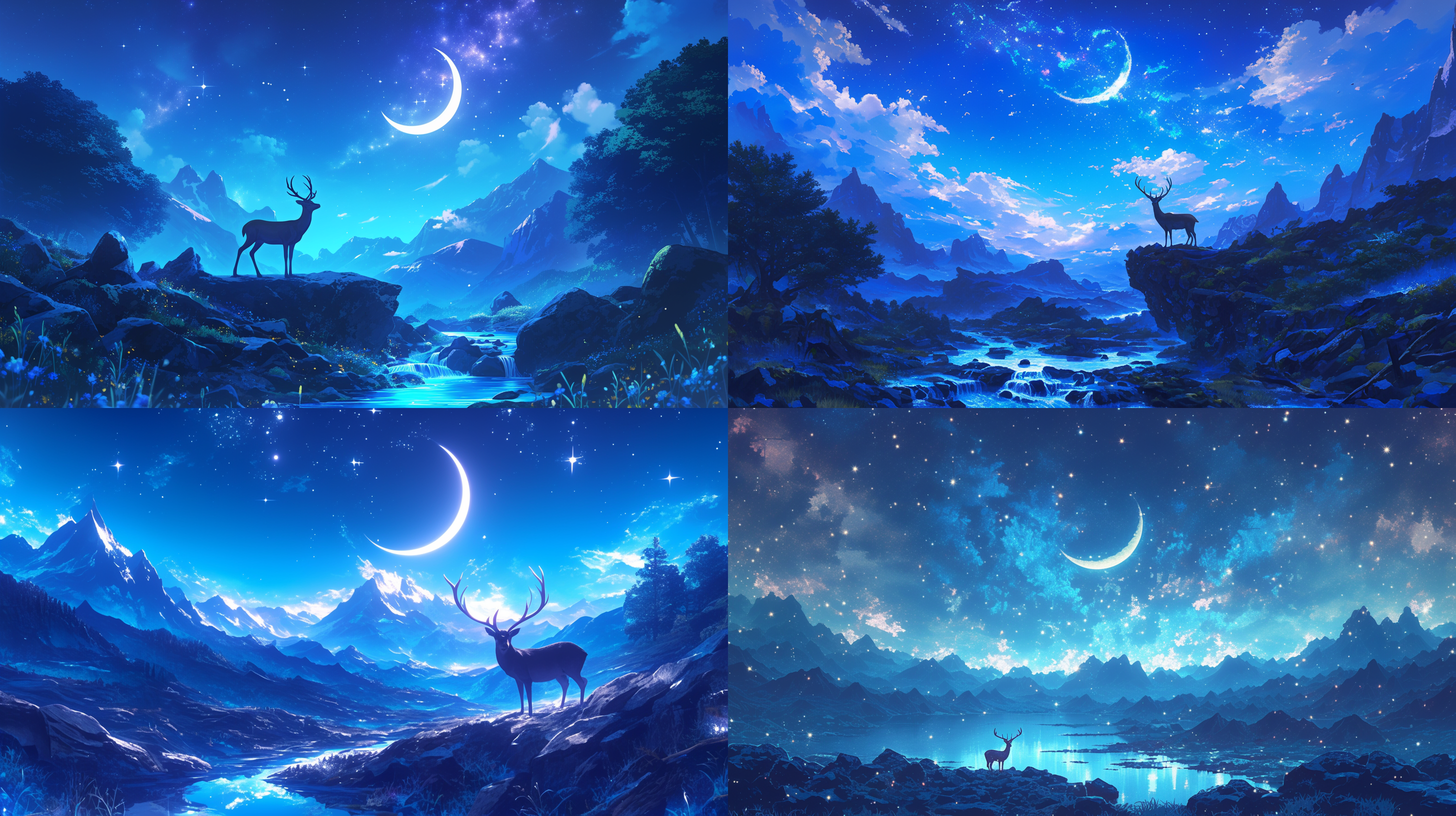 梦幻星空，弯月，山川河流，小溪，石子，梅花鹿，中置构图，唯美景色，38mm定焦镜头，微距拍摄，冷色系，蓝色，色彩鲜艳，细节丰富，逆光，专业摄影全景，逼真梦幻。