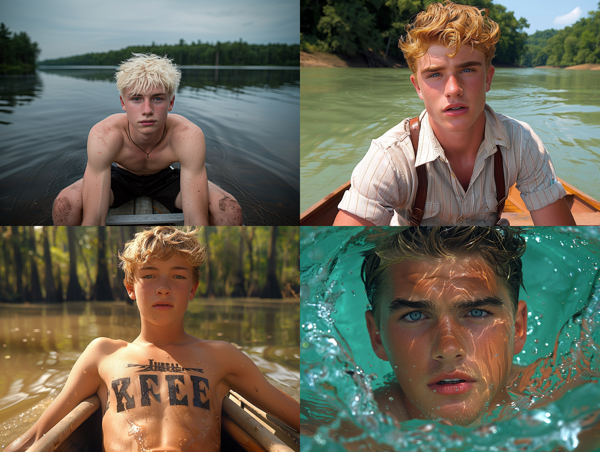金发蓝眼北美洲男孩，20岁左右，白皙肤色，对称肌肉，阴鸷眼神，8k画质，写实风格，户外场景，大森林，船上坐着，碧绿湖水，摄影质感，疯狂细节，紧凑镜头，静态，优美，面部表情。船上,户外,8k,写实风格,肌肉,摄影质感,静态,面部表情,大森林,紧凑镜头,疯狂细节