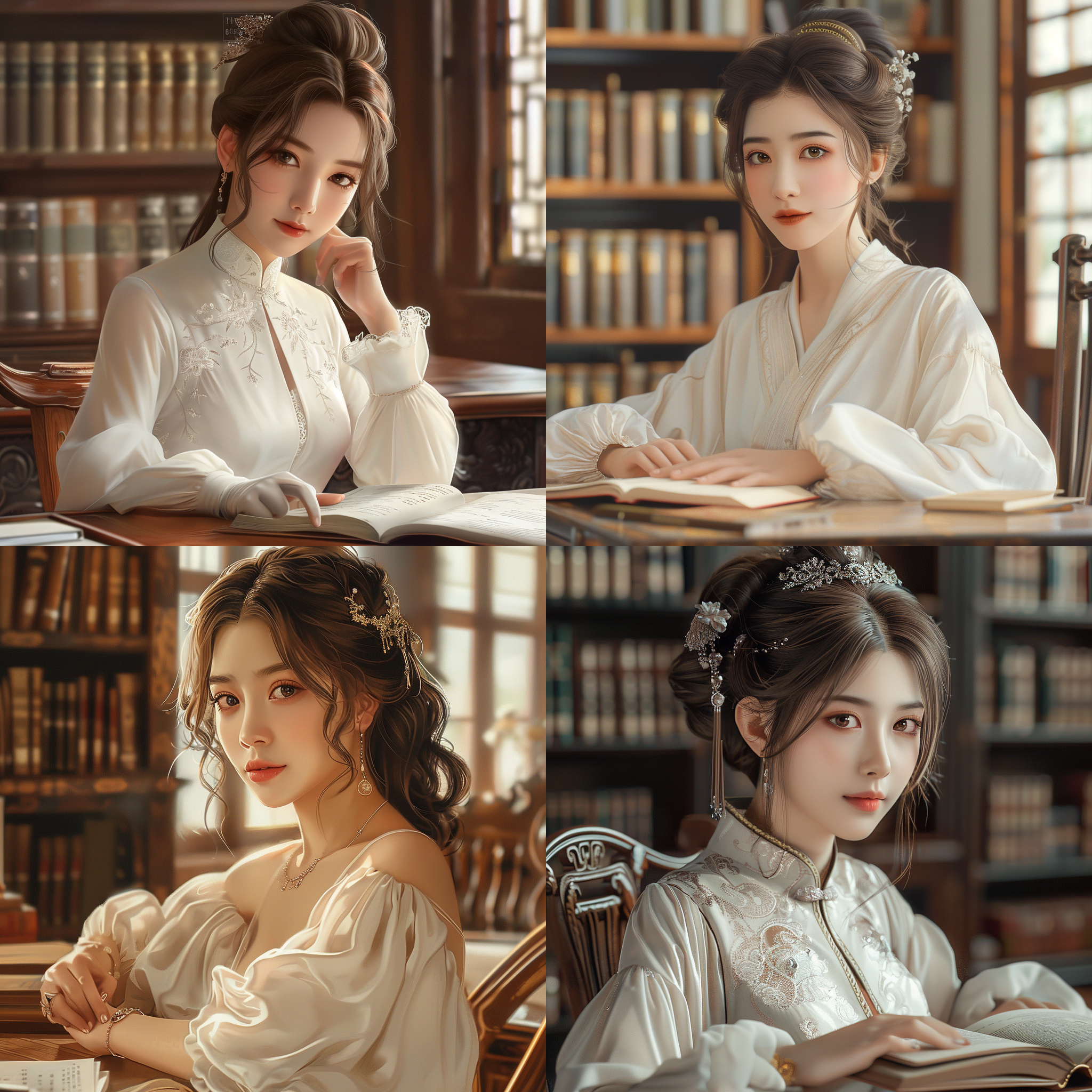 elegant chinese women sitting at desks in the library, with chestnut brown hair, bright eyes, elegant style, off white, 8k