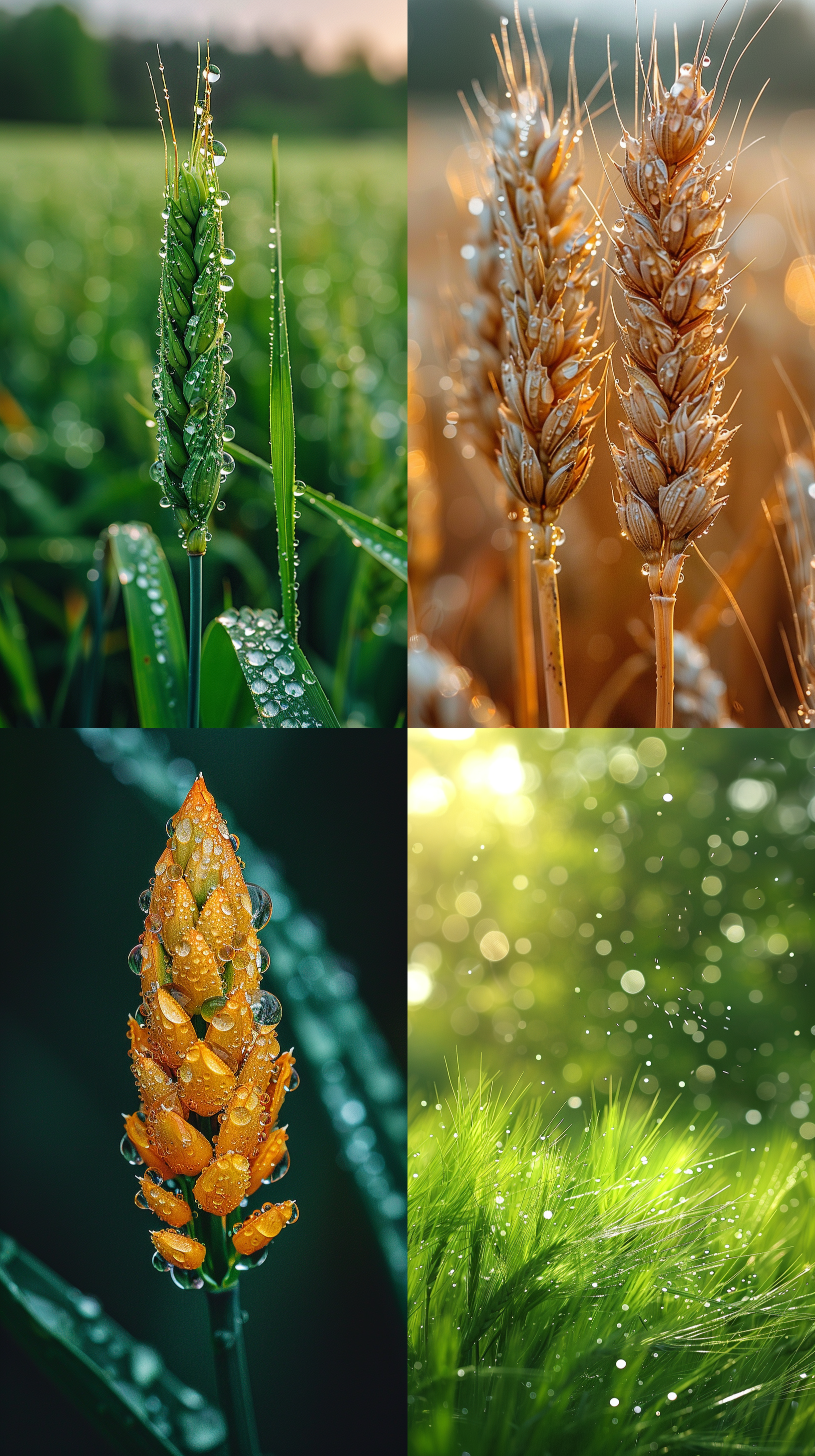 麦田春雨，清晨，露珠滴落，留白构图，农业产品，颗粒感，官方摄影，微距镜头，自然光，细腻色彩，清新情感。