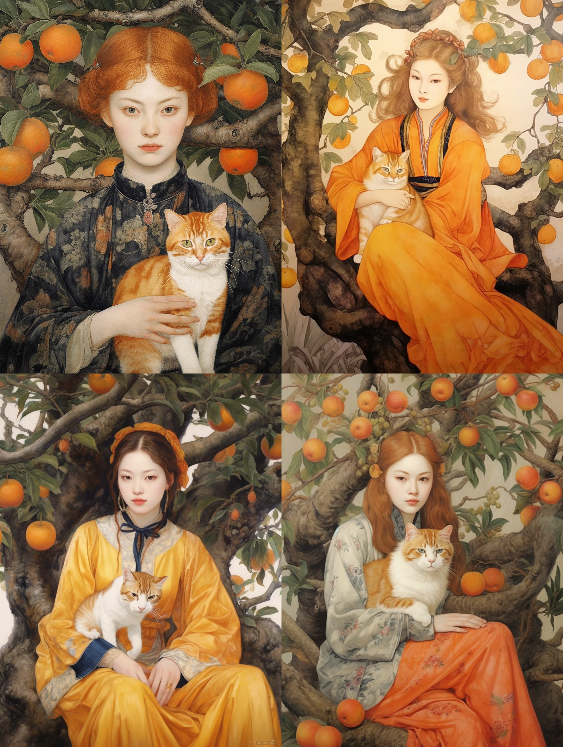 古代中国妇女，胡黄脸色，白嘴唇，上唇有一小块黄毛，坐在枇杷树下，手持一只猫。细腻传统中国画风格，8k分辨率，树下橘毛猫，细致古典传统绘画，丰富细节经典色调。